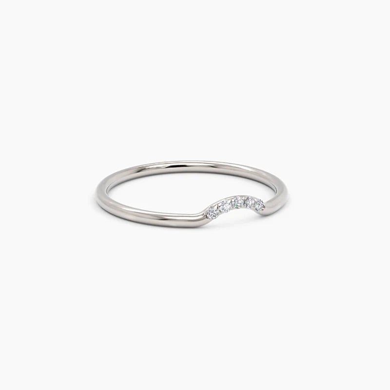 white gold curved diamond ring crafted in 14k white gold, designed with a graceful curve and a row of five round diamonds for a timeless touch