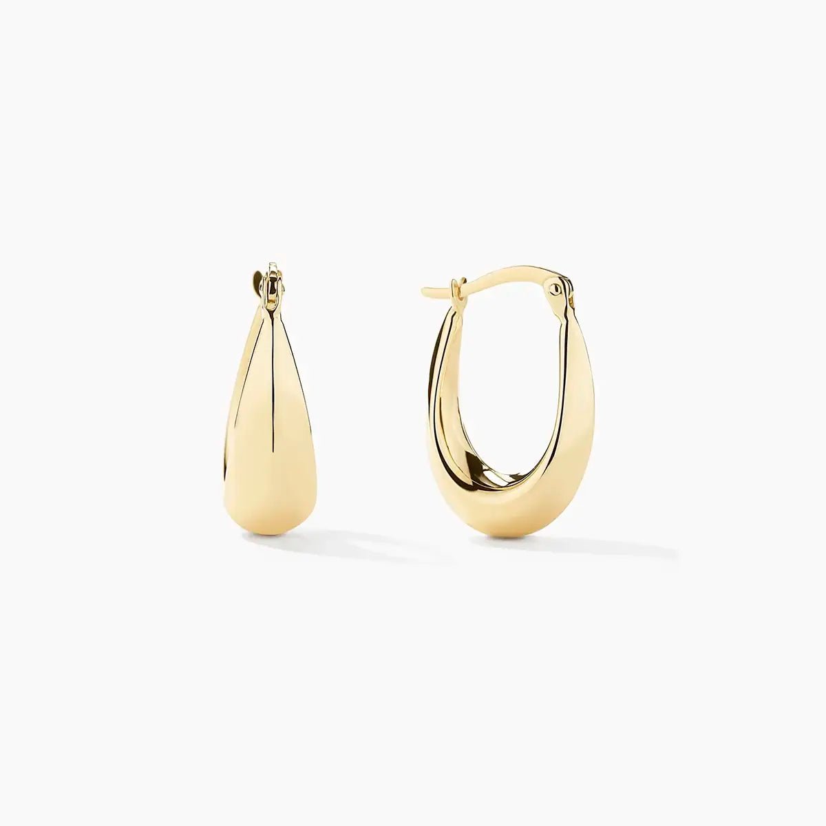 Pair of 14k yellow gold teardrop hoop earrings displayed on a white background.