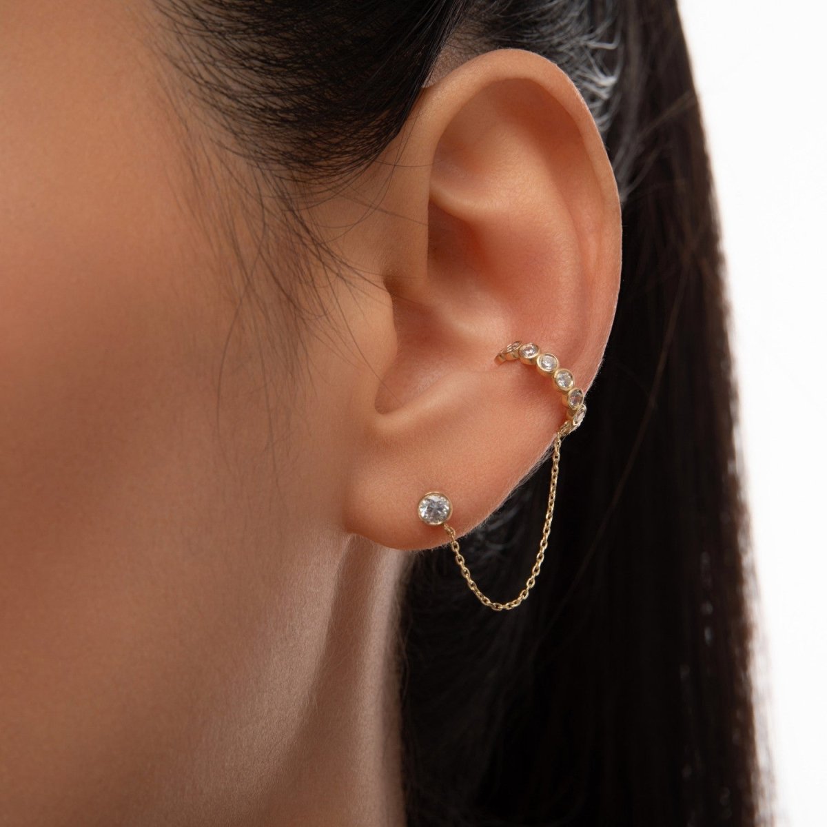 Diamond Ear Cuff With Chain in Rose Gold - Narcissus