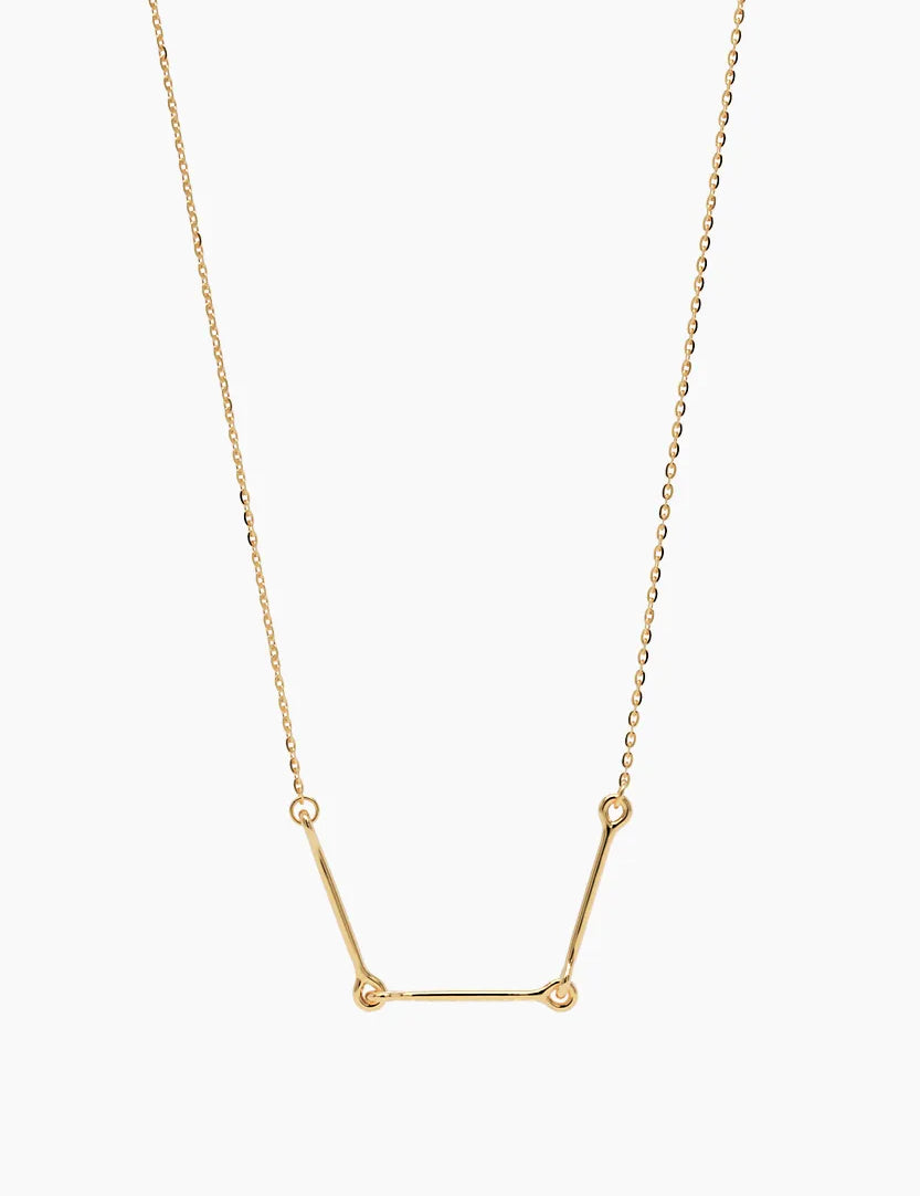Front-facing product image of the Iris Necklace in 14k yellow gold, featuring three polished bars connected with rounded loops.