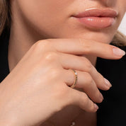 A model’s hand wearing a ribbed gold band solitaire ring, highlighting its texture and sparkle.