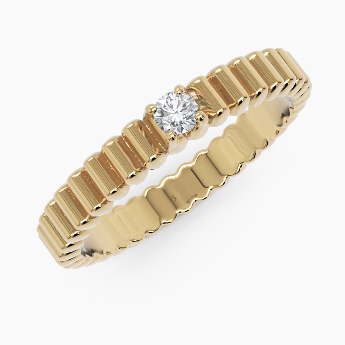 A 14k gold ribbed band solitaire ring with a diamond centerpiece, photographed in detail.
