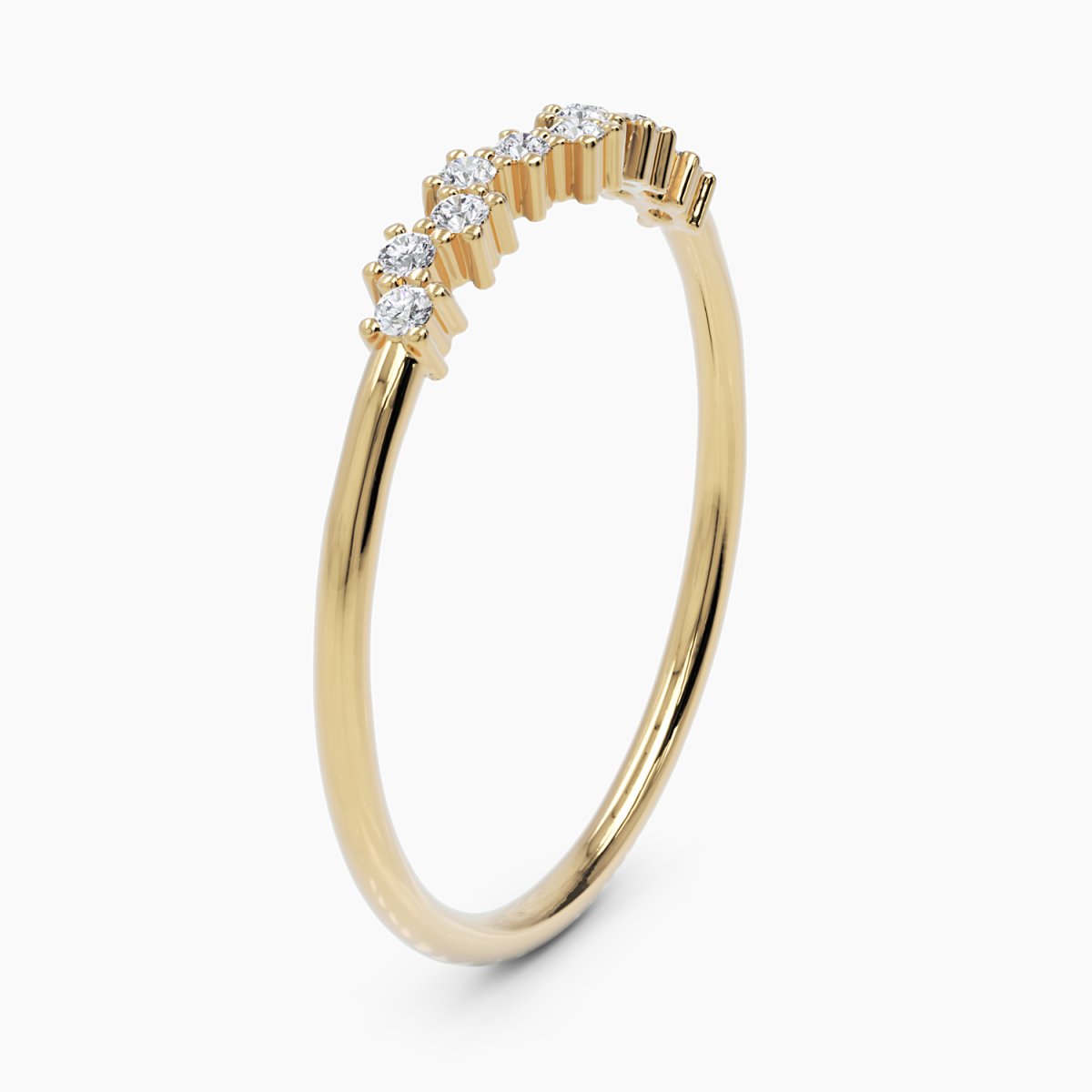 14k yellow gold cluster diamond band displayed at a vertical angle, emphasizing its elegant diamond clusters and polished gold band.