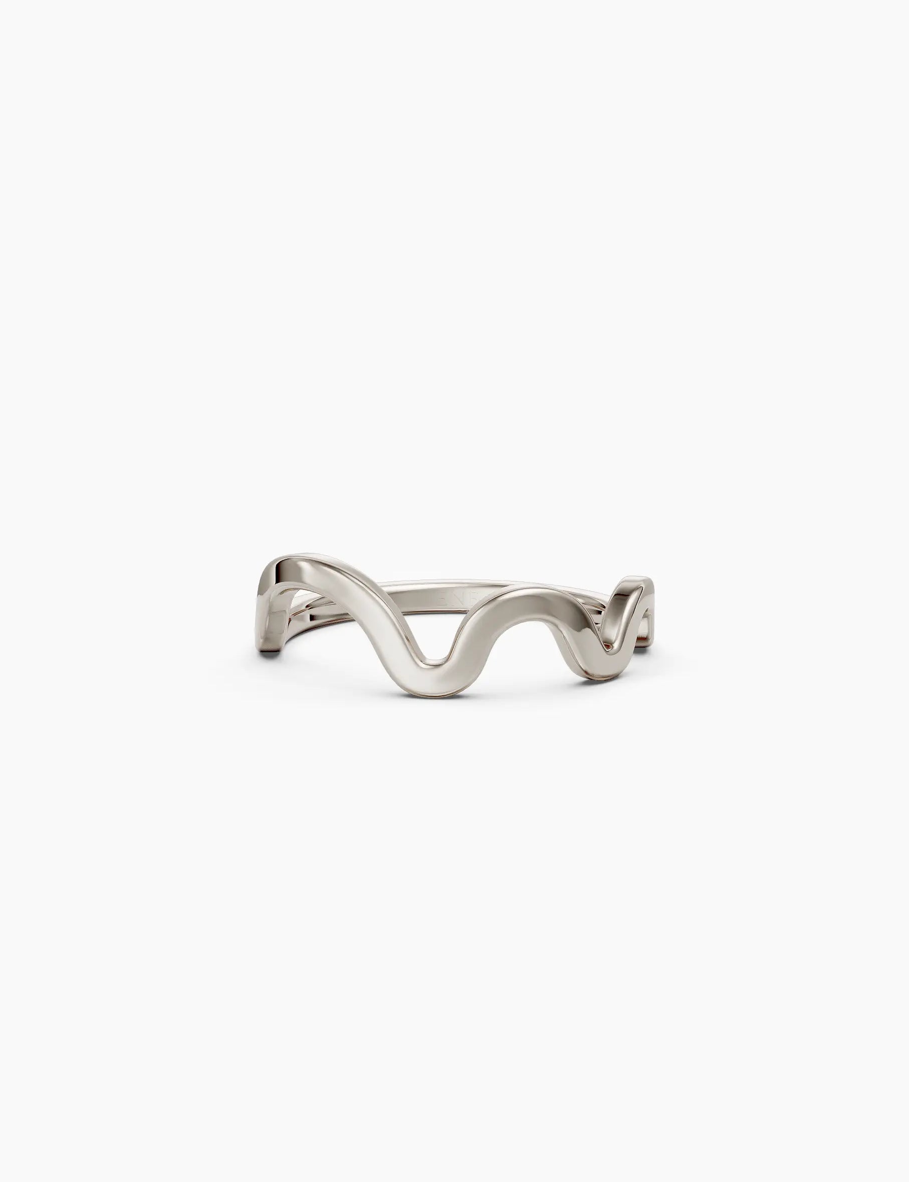 Front view of a 14k white gold wavy band ring with a smooth flowing curve on a clean white background - Enea Studio