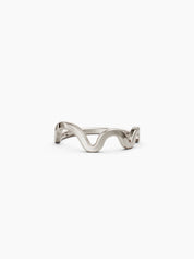 Front view of a 14k white gold wavy band ring with a smooth flowing curve on a clean white background - Enea Studio