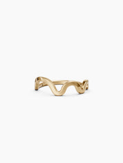 Front view of a yellow gold wavy band ring with a smooth flowing curve on a clean white background - Enea Studio