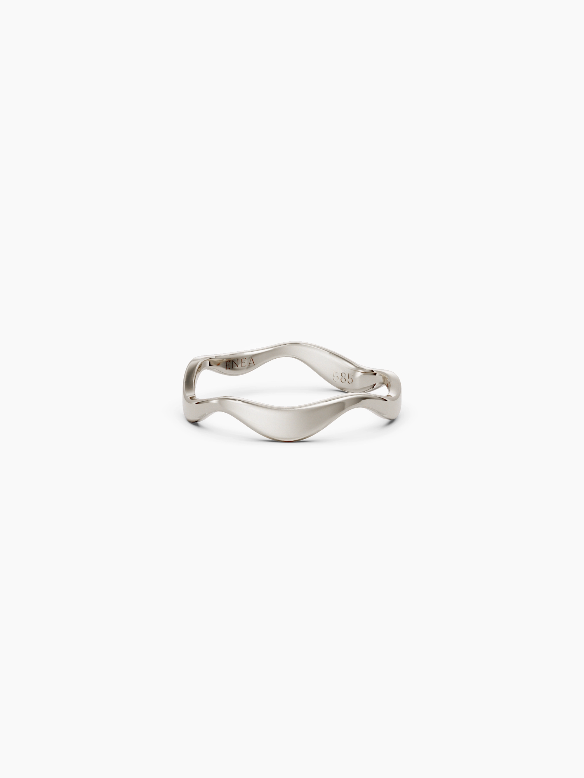 Side view of a 14k white gold wavy band ring with a subtle curvy shape placed on a white background - Enea Studio