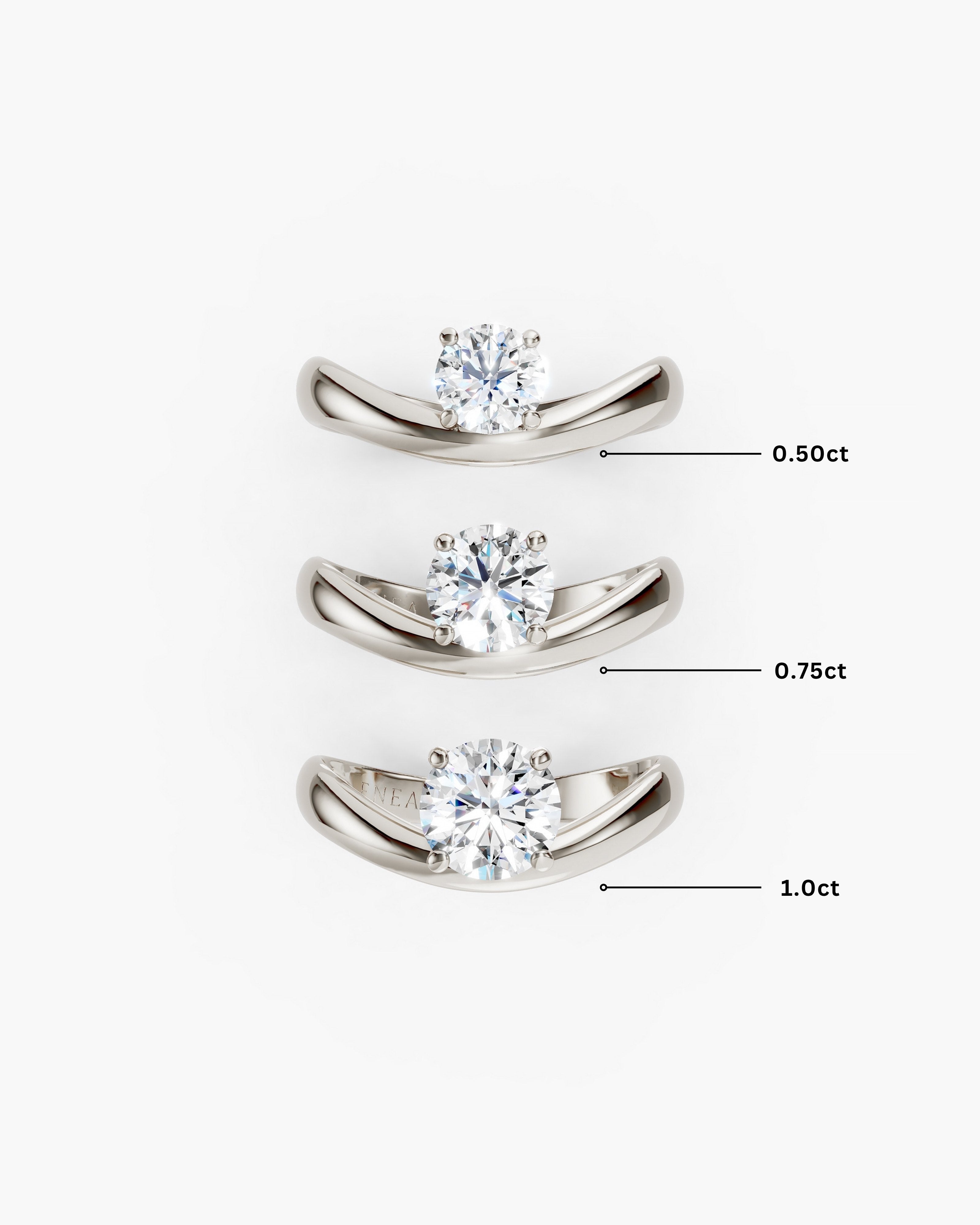 three kyma solitaire rings in solid white gold showing 0.50ct, 0.75ct and 1ct stone comparison on a white background