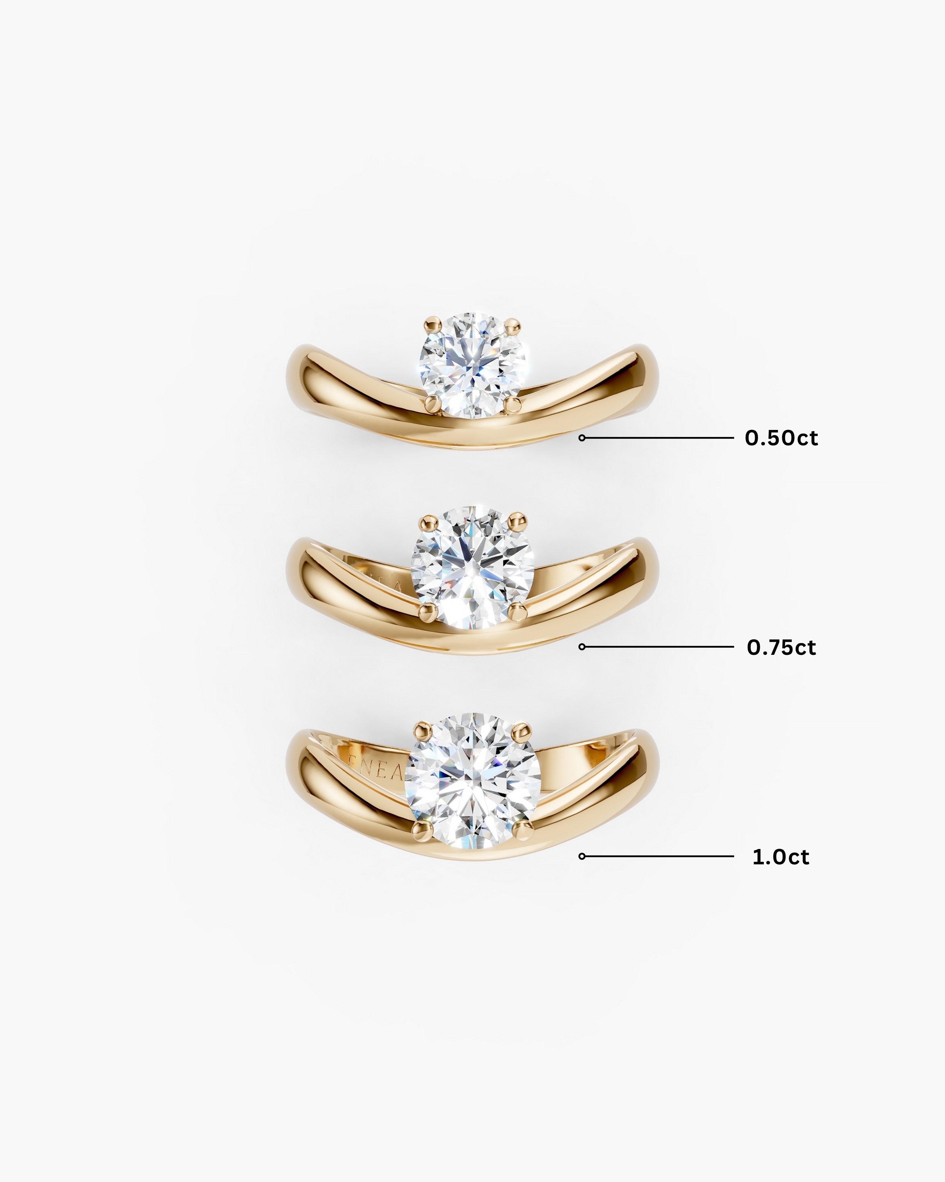 three kyma solitaire rings in solid yellow gold showing 0.50ct, 0.75ct and 1ct stone comparison on a white background