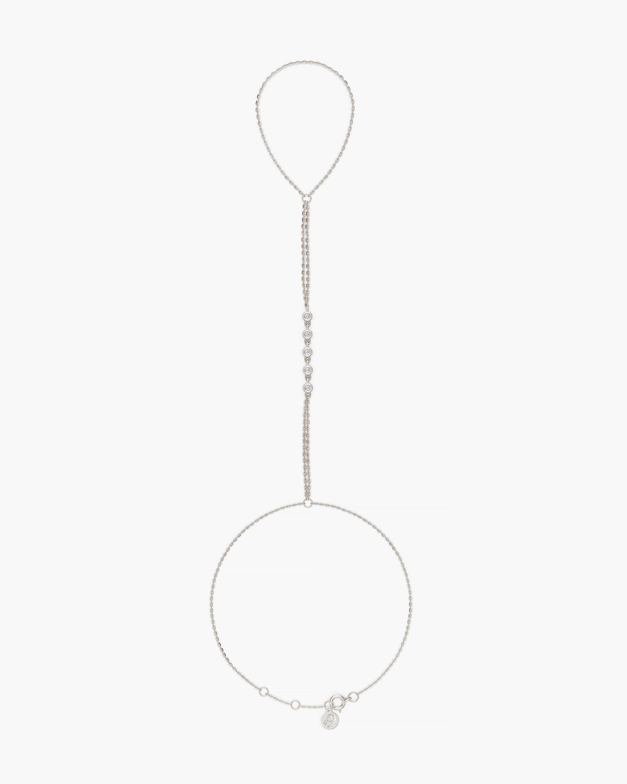 Lien double strand diamond hand chain in 14k white gold with five bezel set diamonds, ENEA Studio