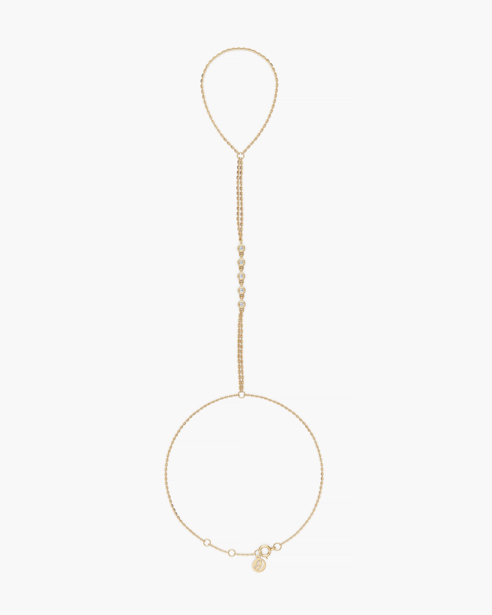 Lien double strand diamond hand chain in 14k yellow gold with five bezel set diamonds, ENEA Studio