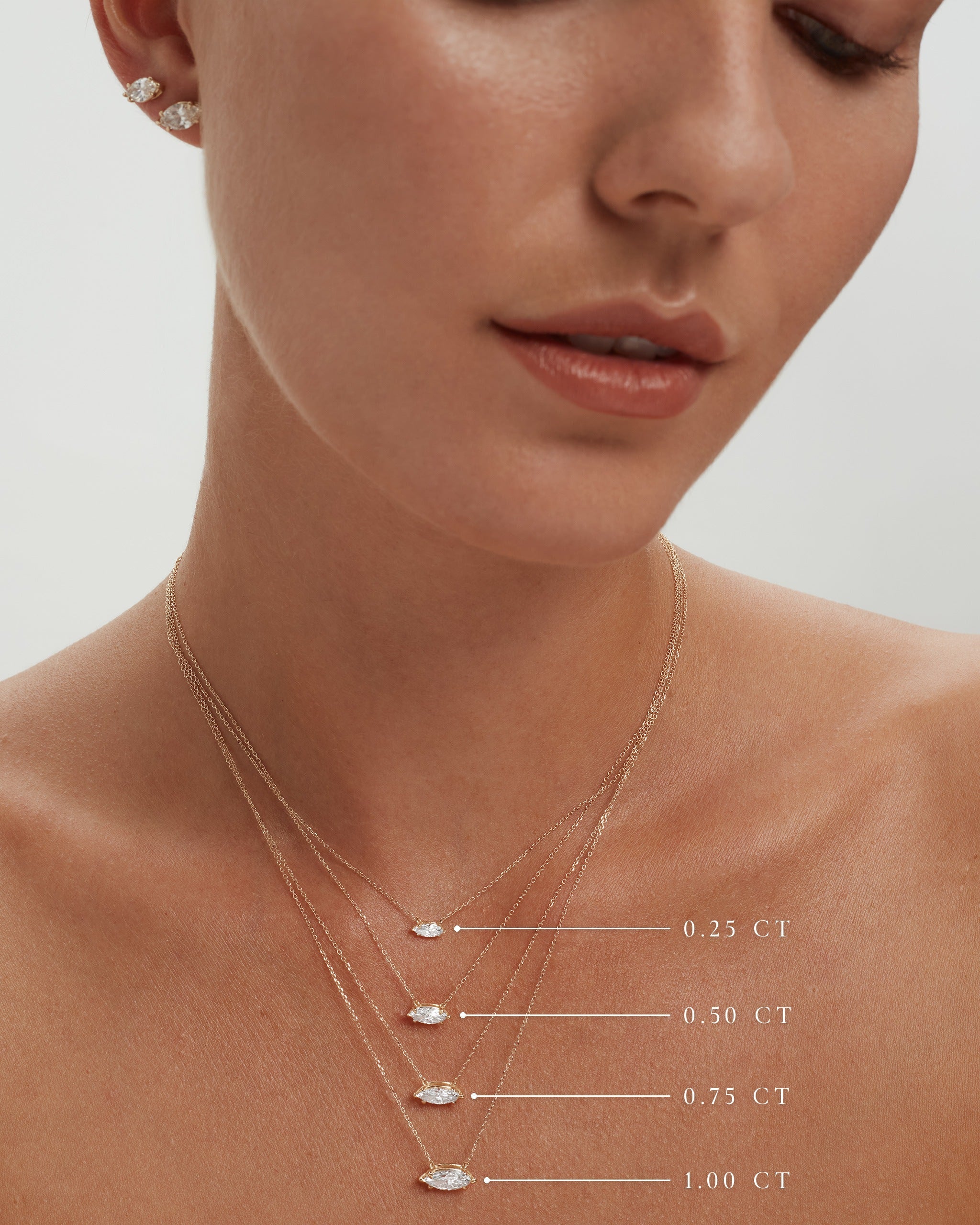 Marquise diamond necklace sizes on the neck, 0.25, 0.50, 0.75 and 1.00 carat, ENEA Studio