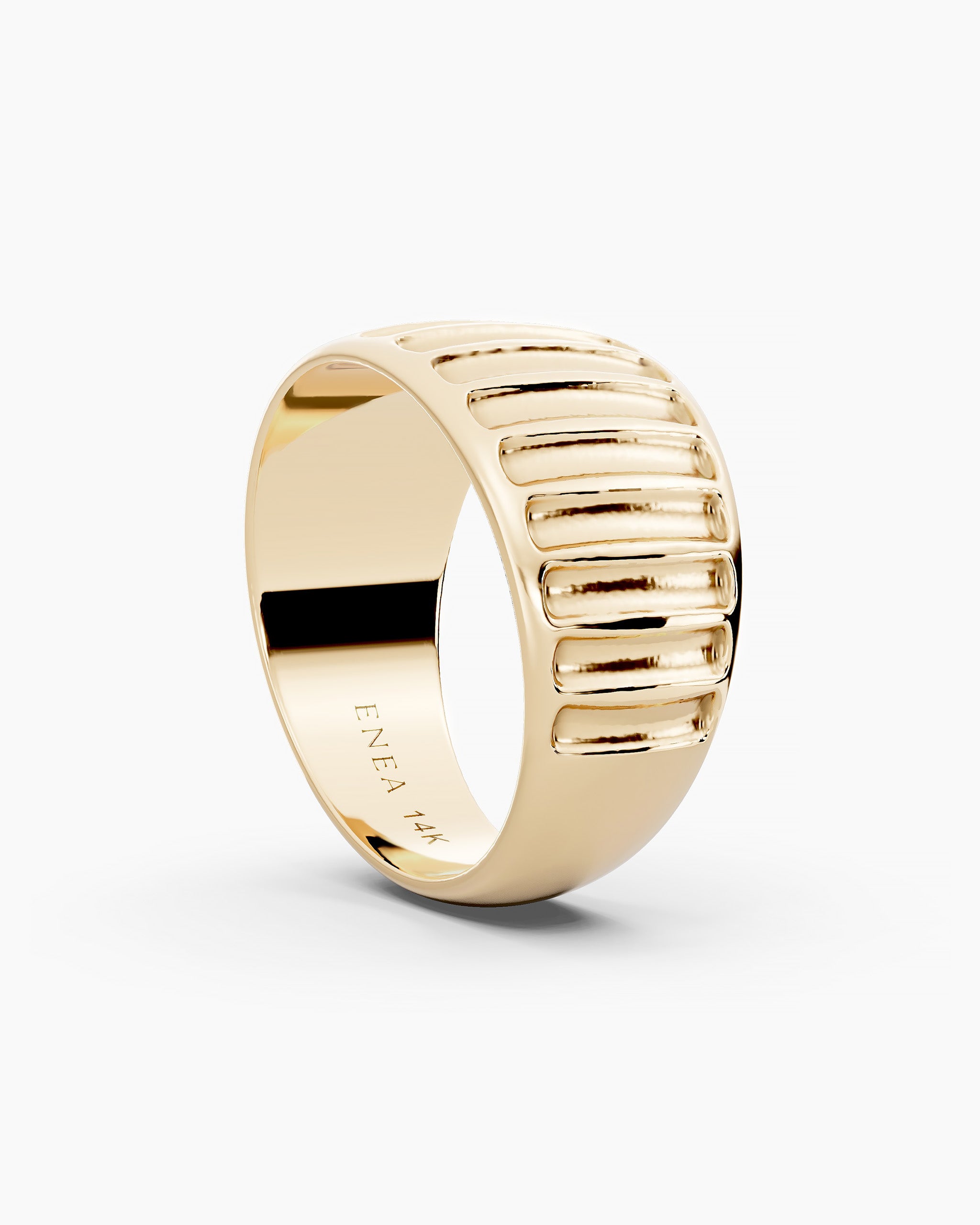 Side view of the Kion Ribbed Dome Ring with ENEA 14K hallmarked on the inside of the band