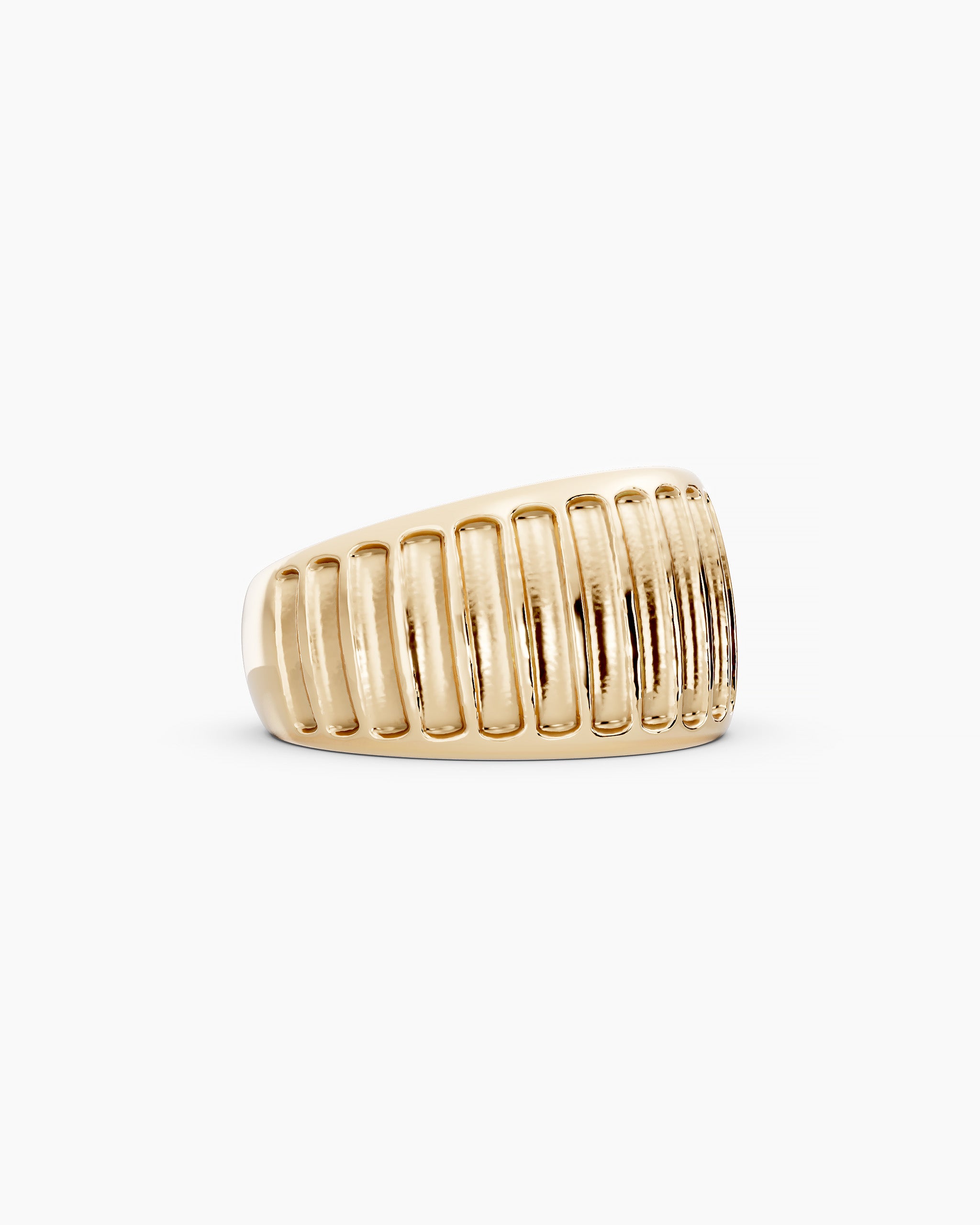 Side view of the Kion Ribbed Dome Ring hadcrafted in solid yellow gold by ENEA Studio