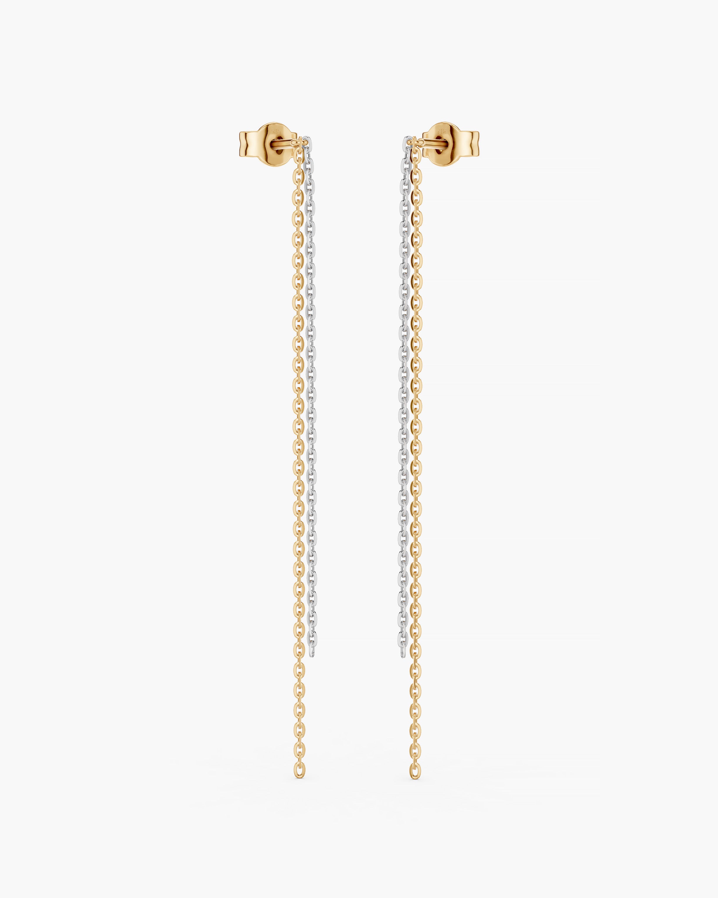Dyo Drop Chain Earrings on white background, 14k yellow gold and 14k white gold cable chains hanging from gold posts with butterfly backs.