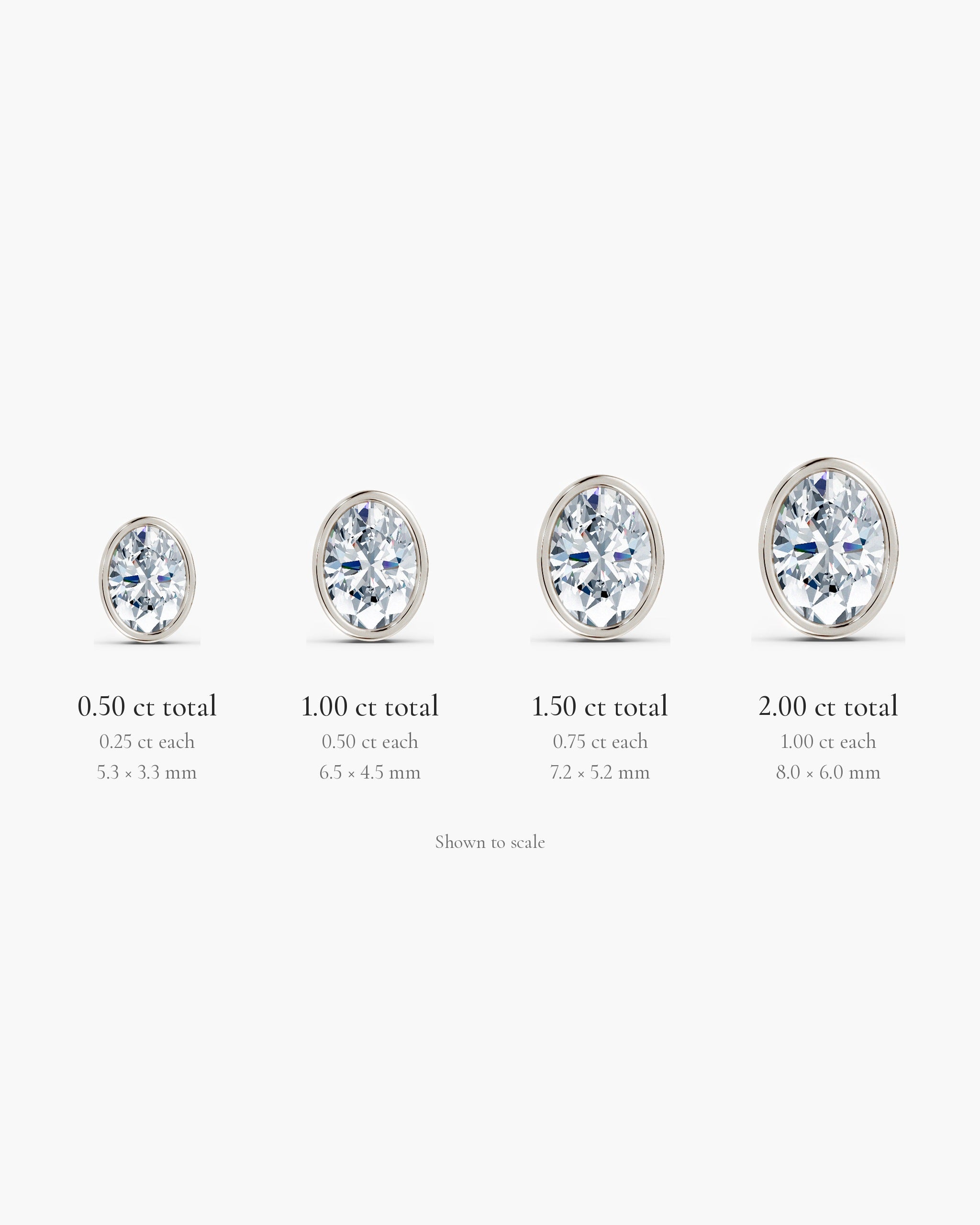 Oval bezel diamond stud sizes shown to scale in 14k white gold: 0.50, 1.00, 1.50 and 2.00 ct total weight, ENEA Studio