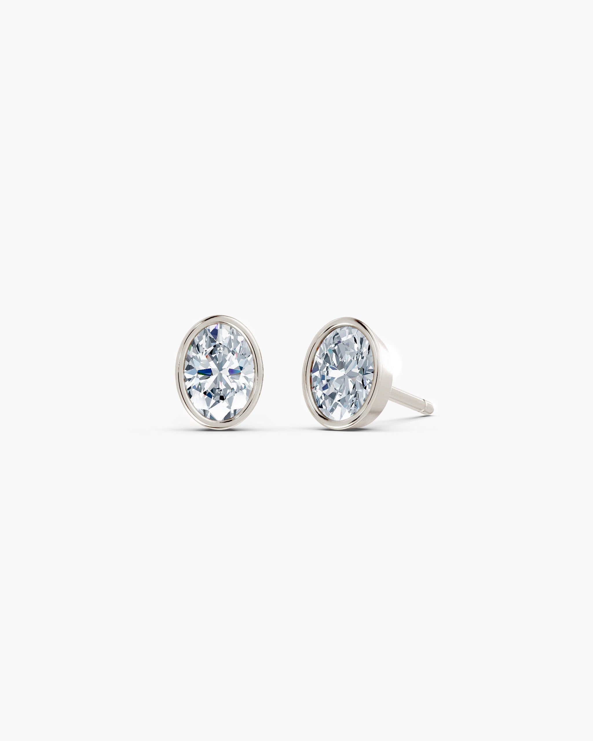 Oval bezel lab diamond stud earrings in 14k white gold, 1.00 ct each, ENEA Studio