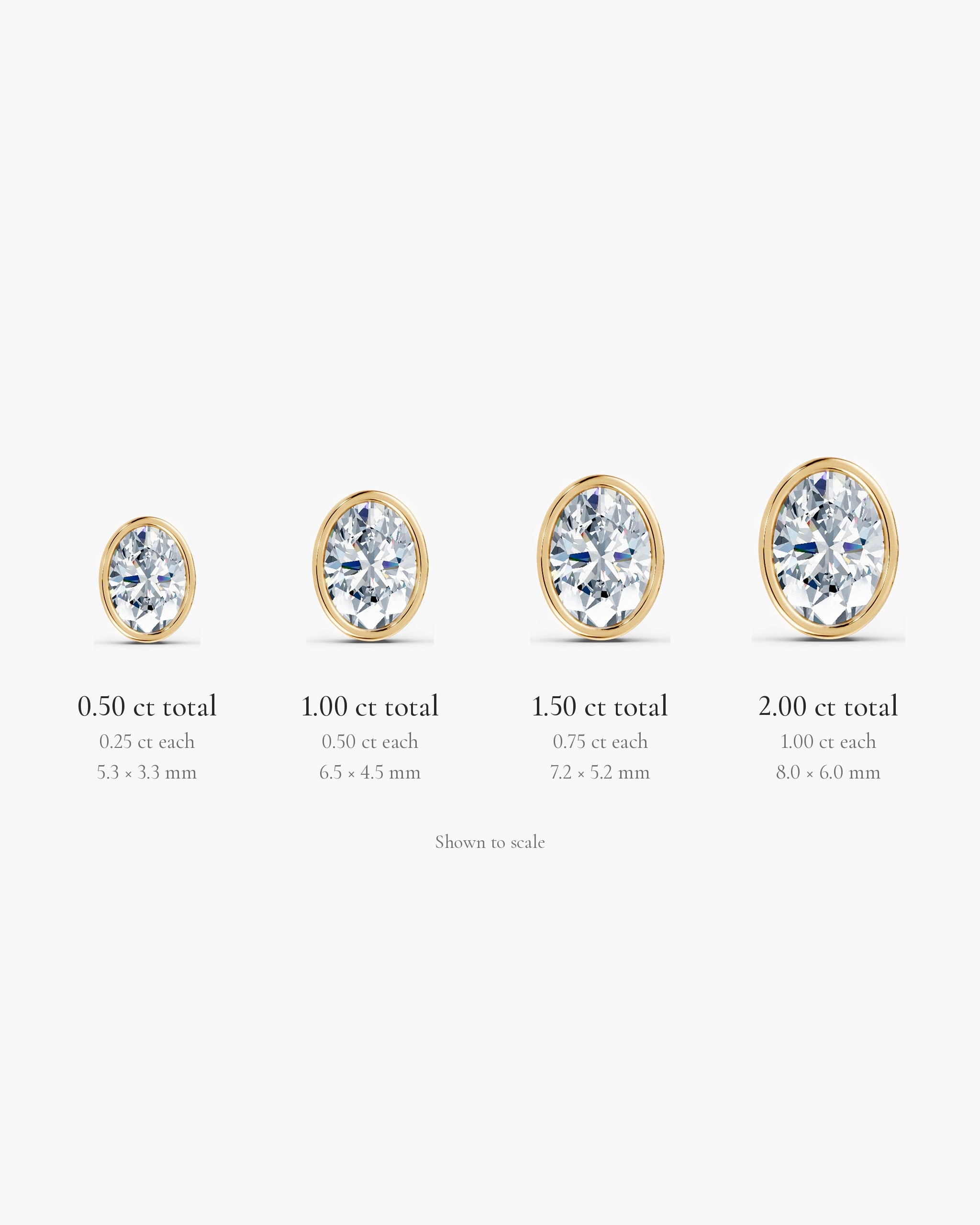 Oval bezel diamond stud sizes shown to scale in 14k yellow gold: 0.50, 1.00, 1.50 and 2.00 ct total weight, ENEA Studio