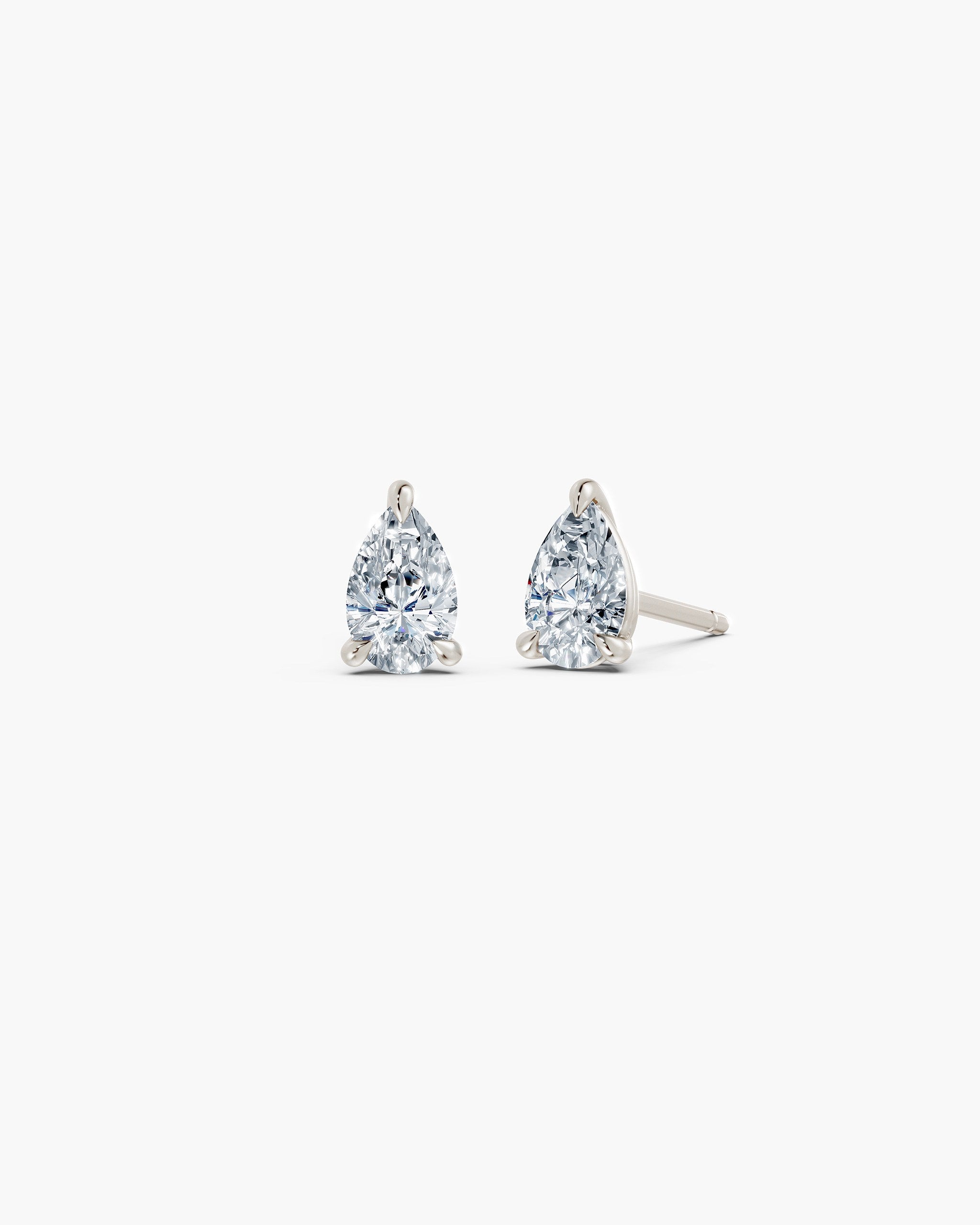 Pear lab diamond stud earrings in 14k white gold, 0.75 ct each, three claw setting, ENEA Studio
