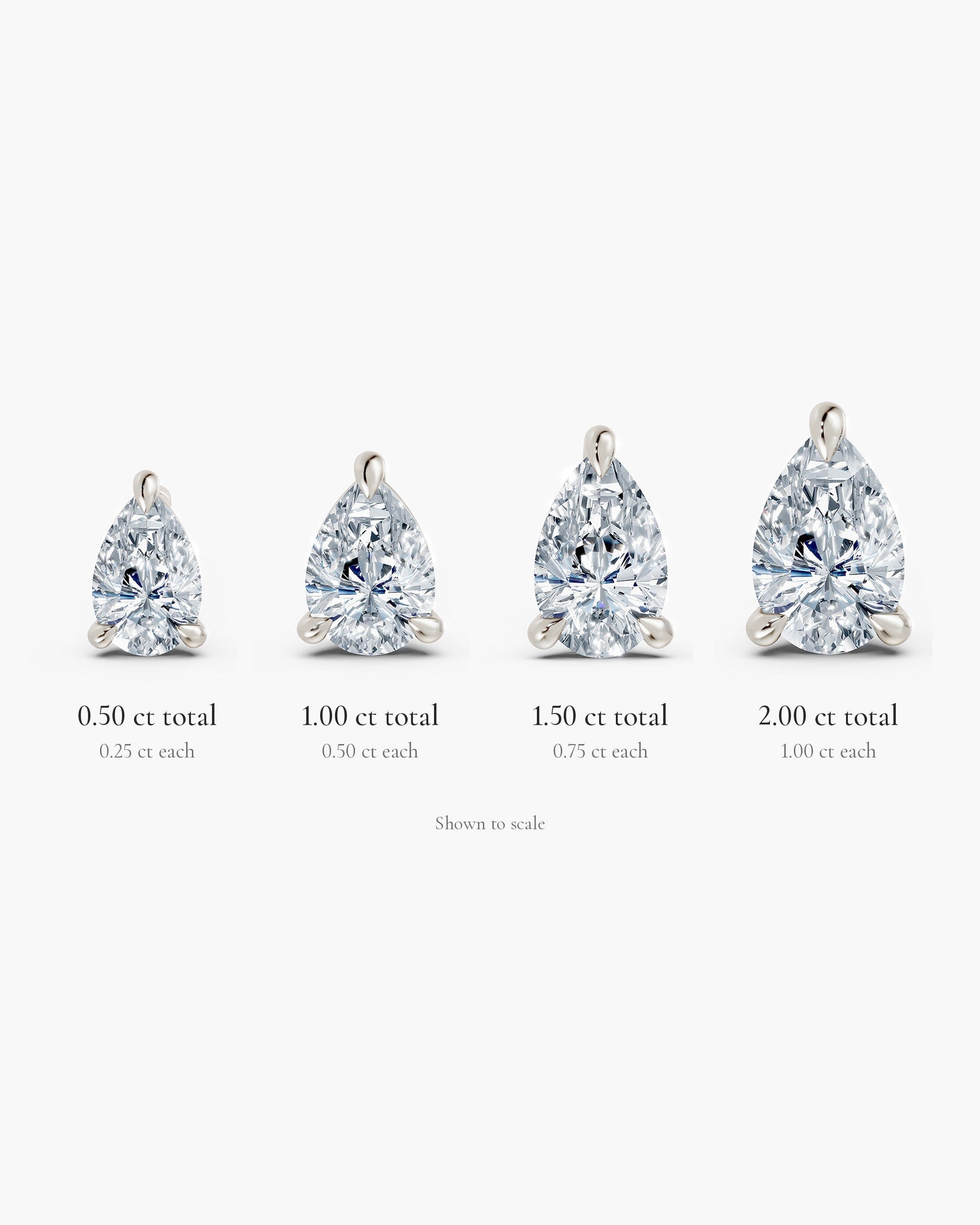 Pear diamond stud sizes shown to scale in 14k white gold: 0.50, 1.00, 1.50 and 2.00 ct total weight, ENEA Studio