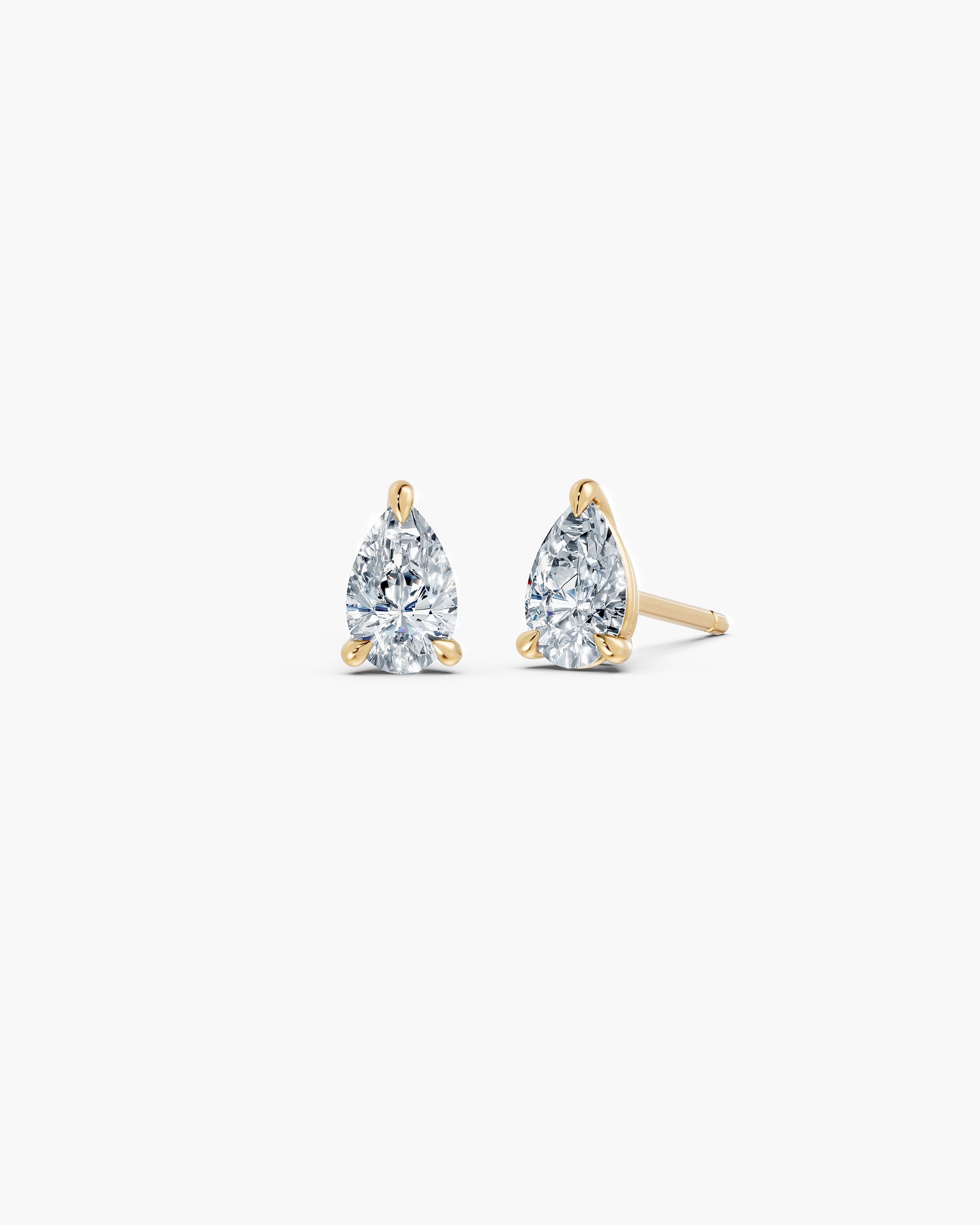Pear lab diamond stud earrings in 14k yellow gold, 0.75 ct each, three claw setting, ENEA Studio
