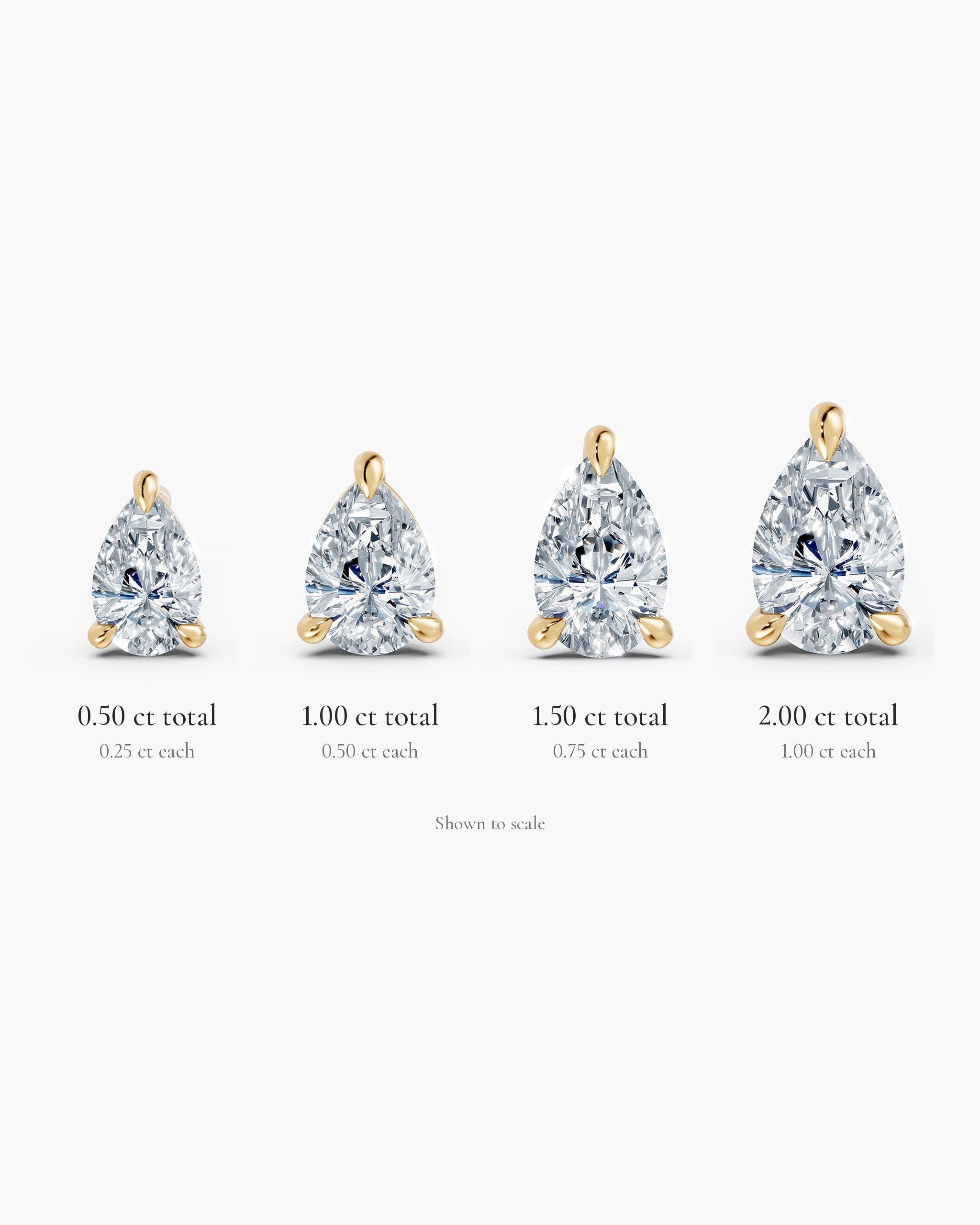 Pear diamond stud sizes shown to scale in 14k yellow gold: 0.50, 1.00, 1.50 and 2.00 ct total weight, ENEA Studio