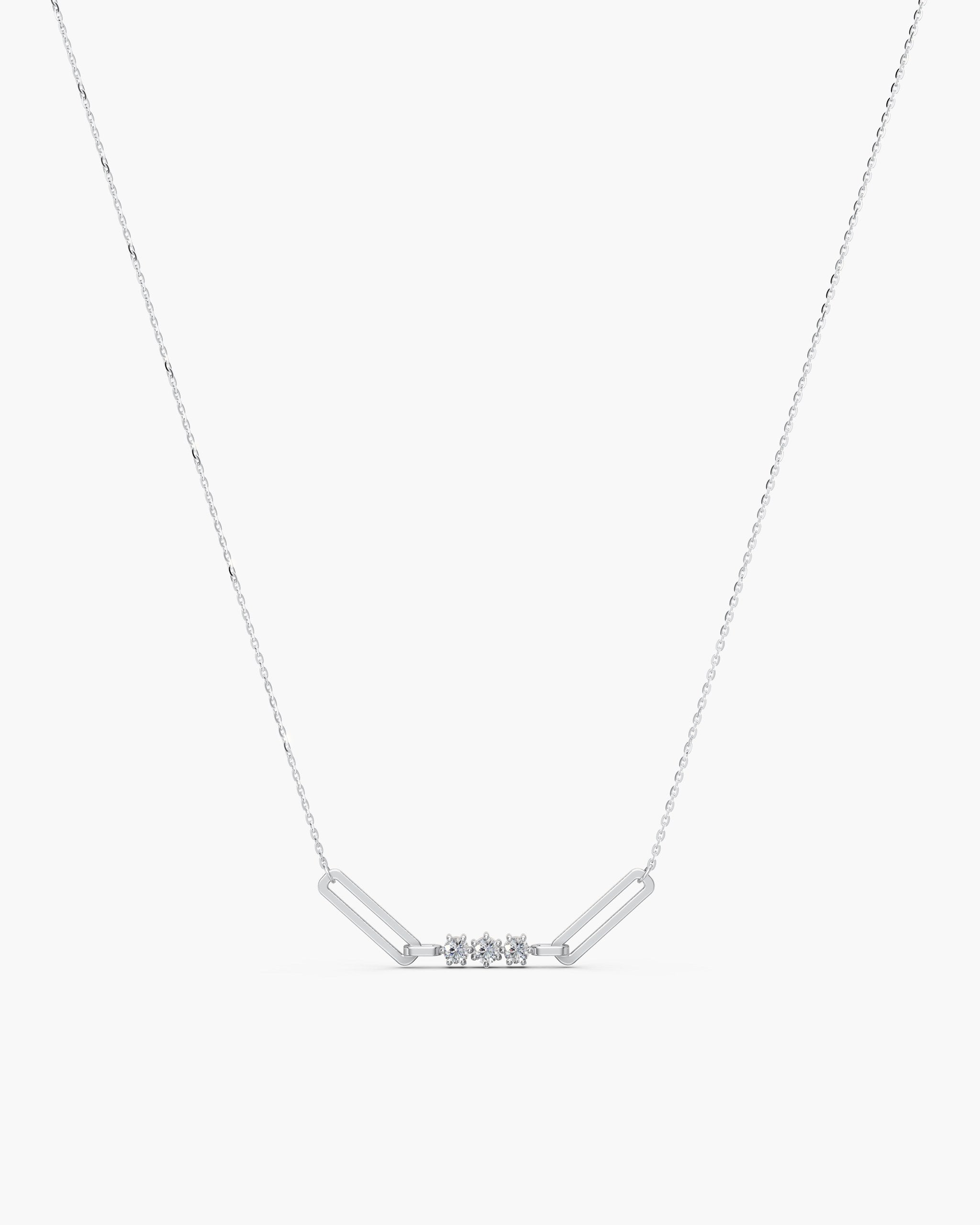 Tria diamond paperclip necklace in 14k white gold with three prong set diamonds between two paperclip links, ENEA Studio