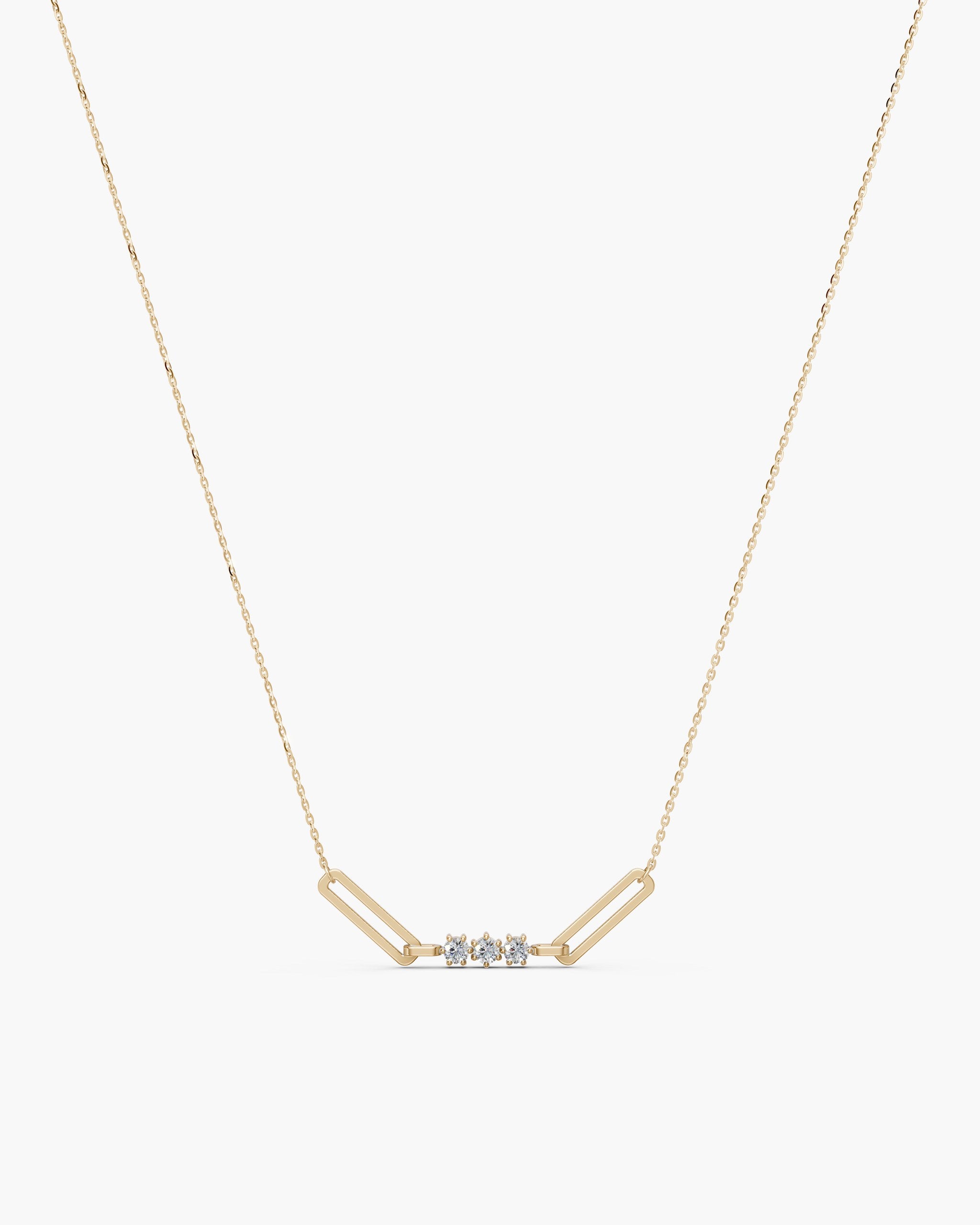Tria diamond paperclip necklace in 14k yellow gold with three prong set diamonds between two paperclip links, ENEA Studio