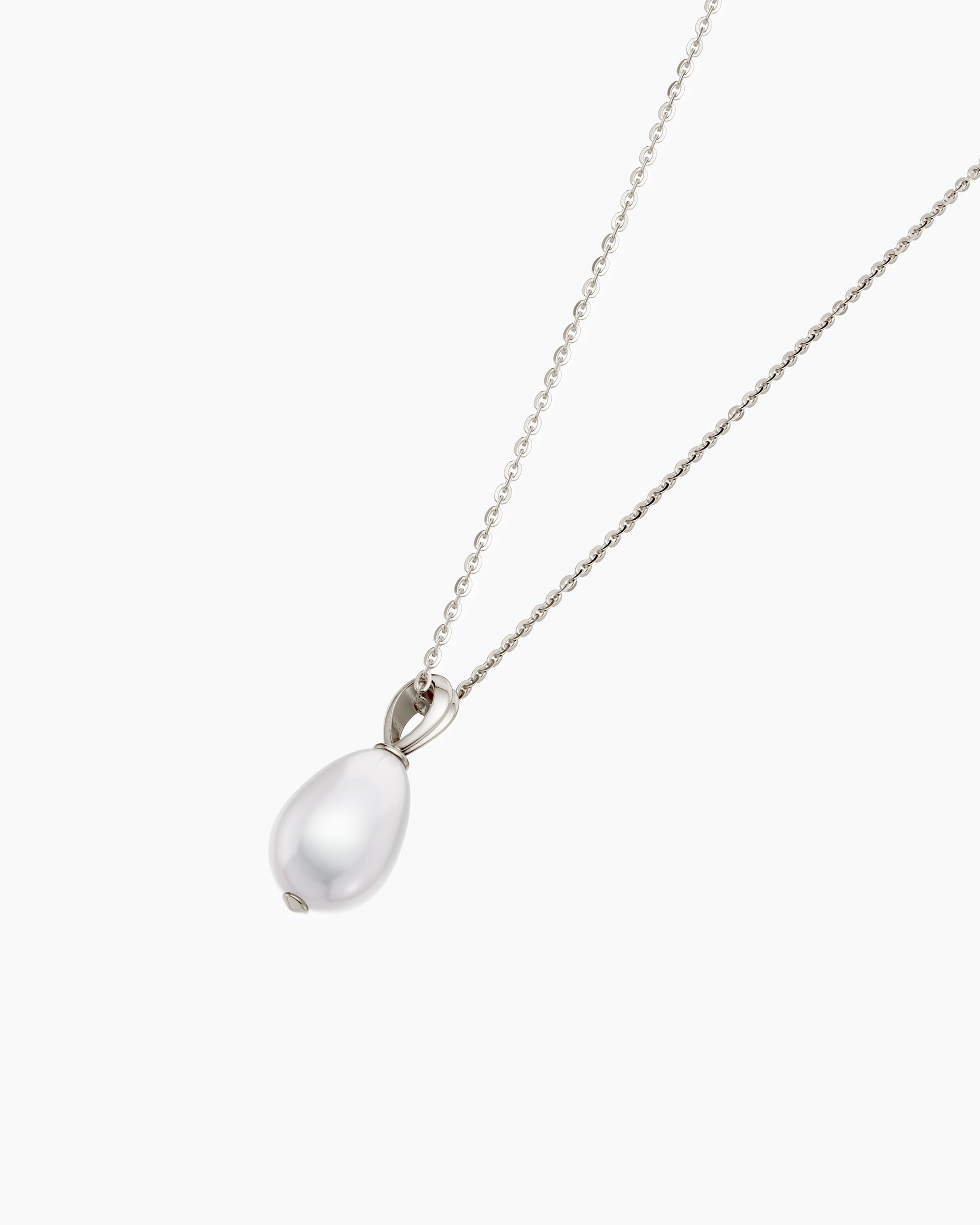 Gold pearl necklace detail showing sterling silver bail and 1mm cable chain