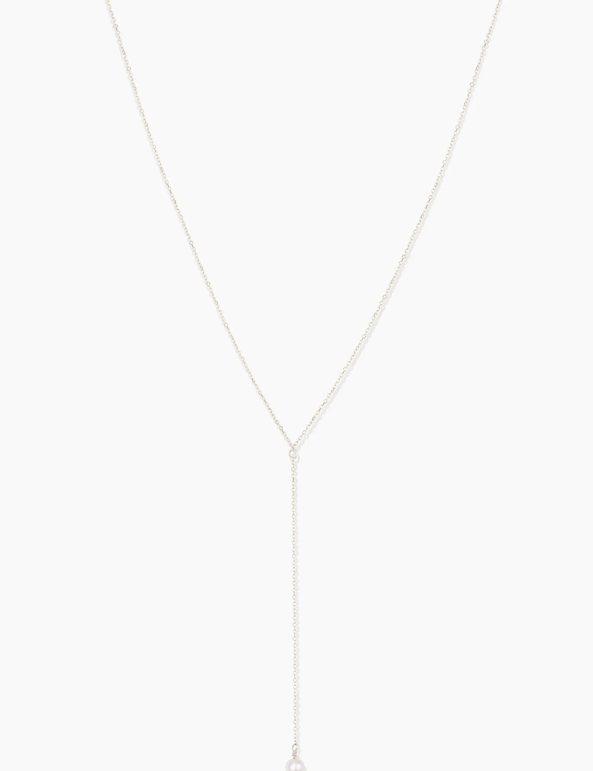 14k white gold lariat pearl drop necklace with single freshwater pearl pendant on delicate cable chain