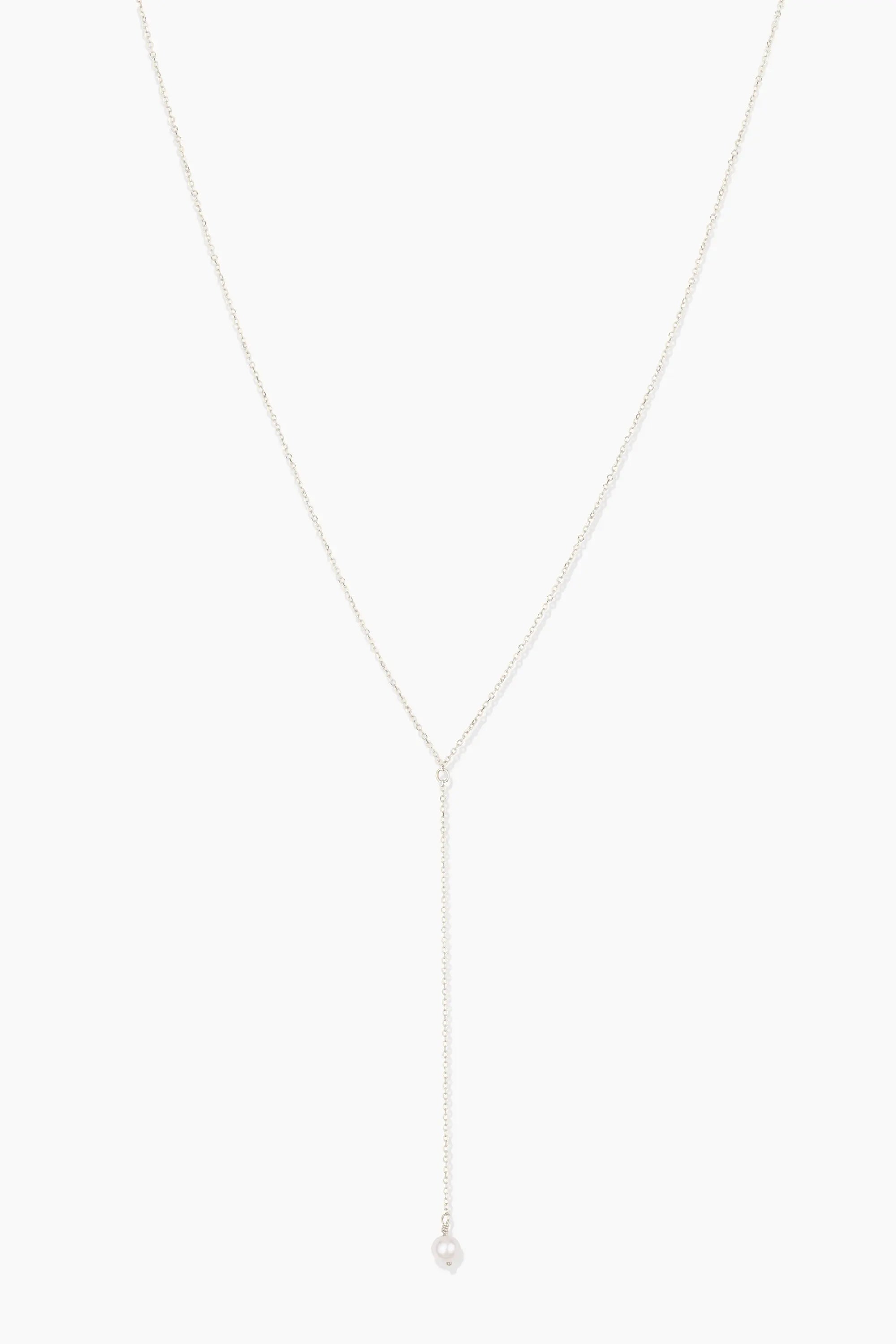 14k white gold lariat pearl drop necklace with single freshwater pearl pendant on delicate cable chain