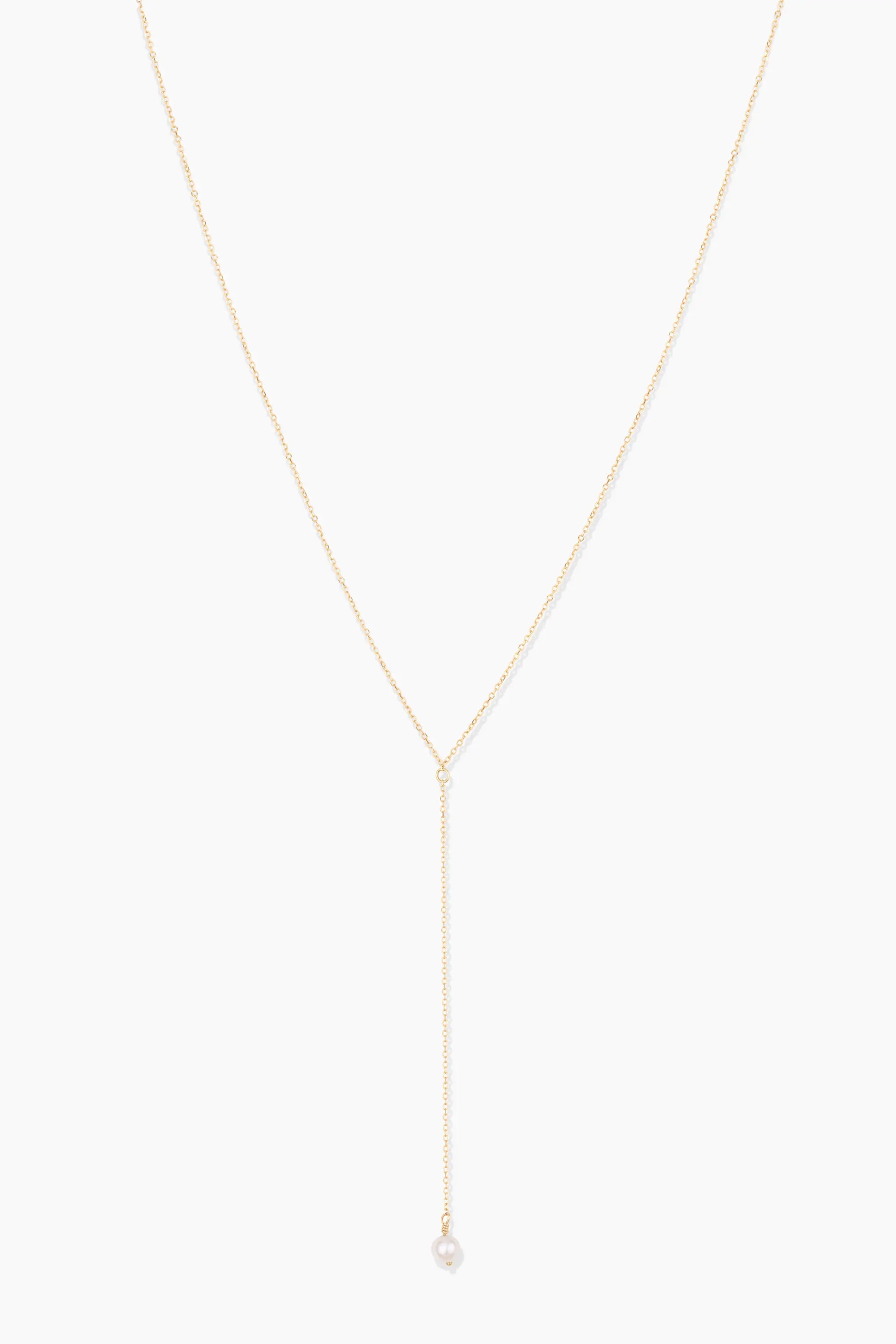 14k yellow gold lariat pearl drop necklace with single freshwater pearl pendant on delicate cable chain