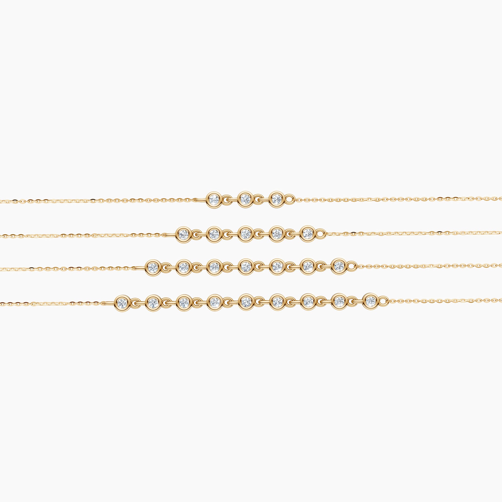 solid gold link tennis diamond bracelet size comparison showing different diamond count options on white background