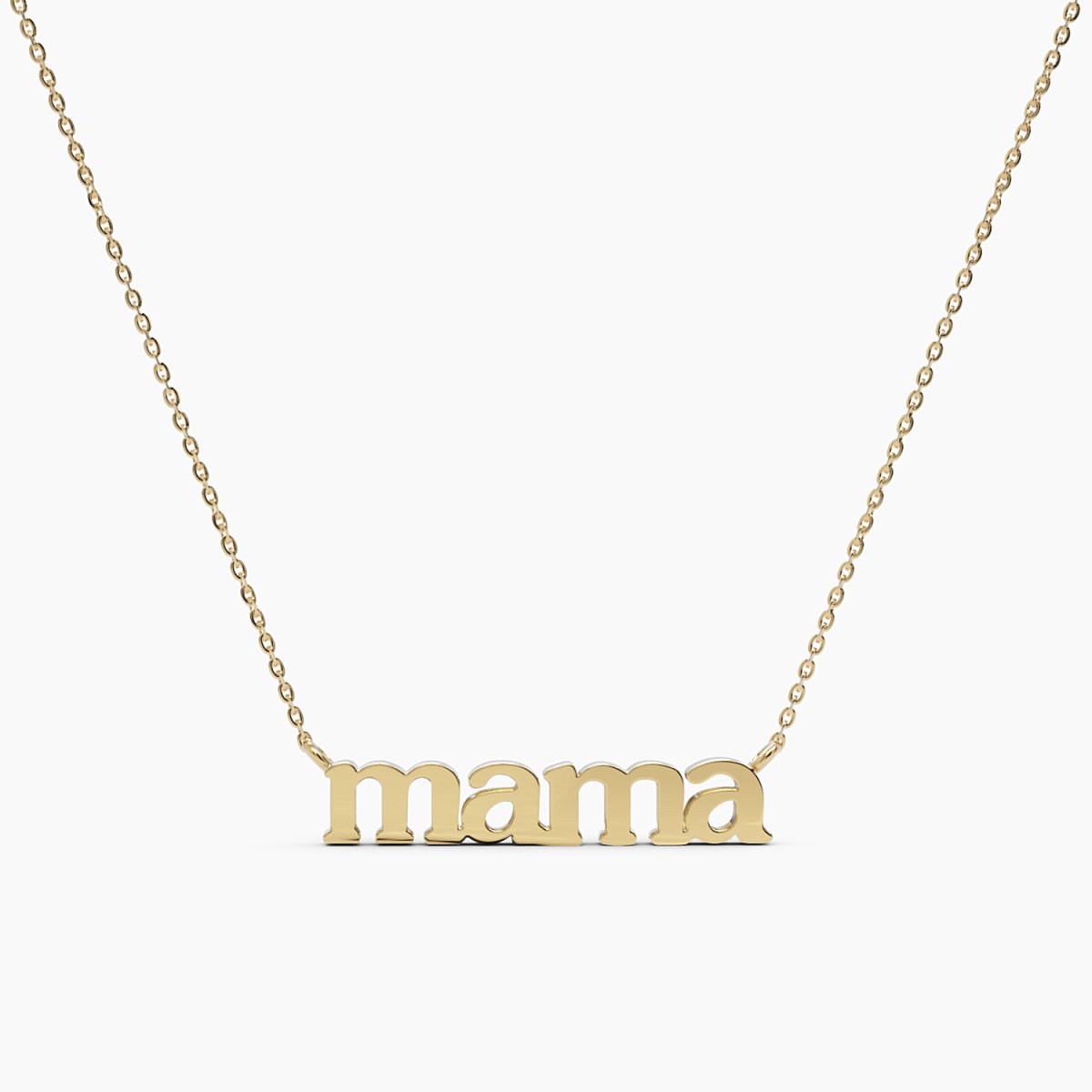 Solid Gold Mama Necklace on a light grey background