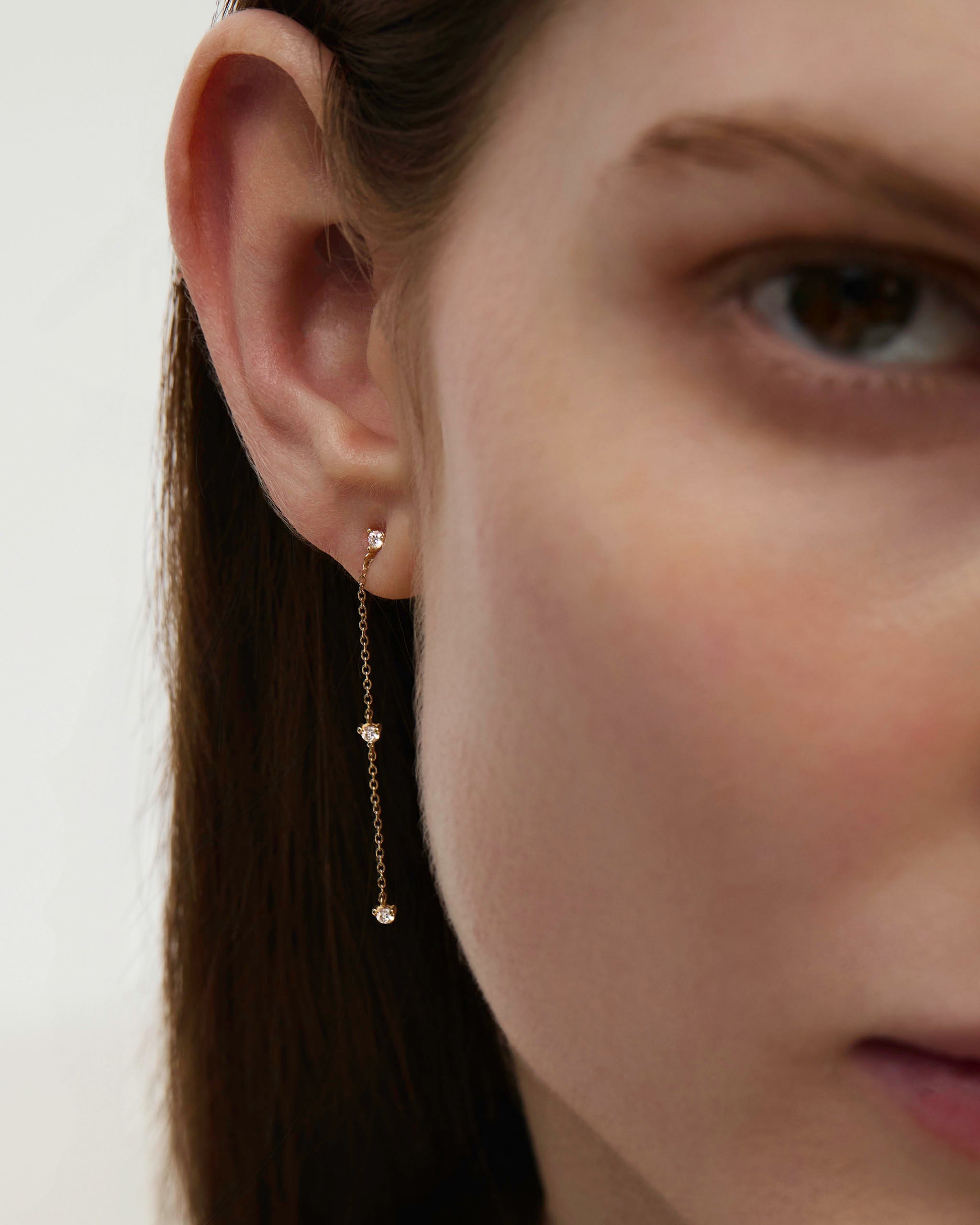 14K gold diamond drop earrings with chain dangle design