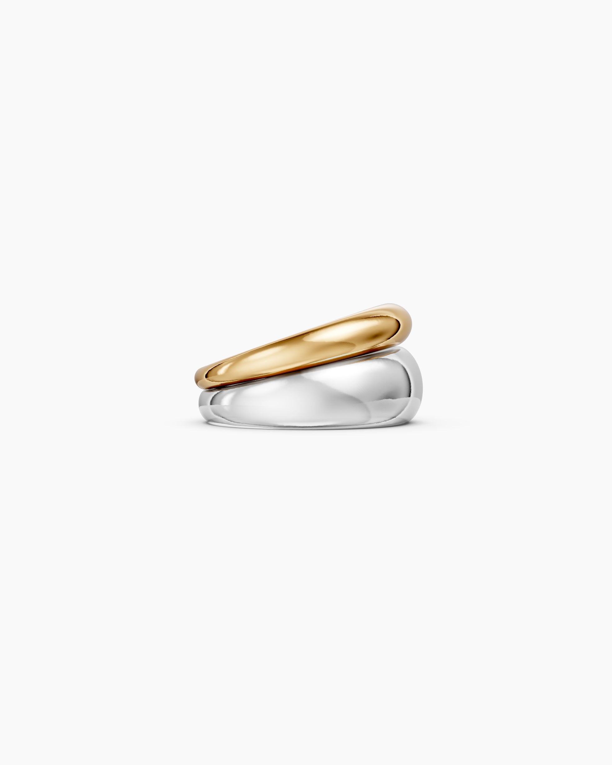 DYO Dome Stacking Ring set, side profile, gold dome resting above silver dome.