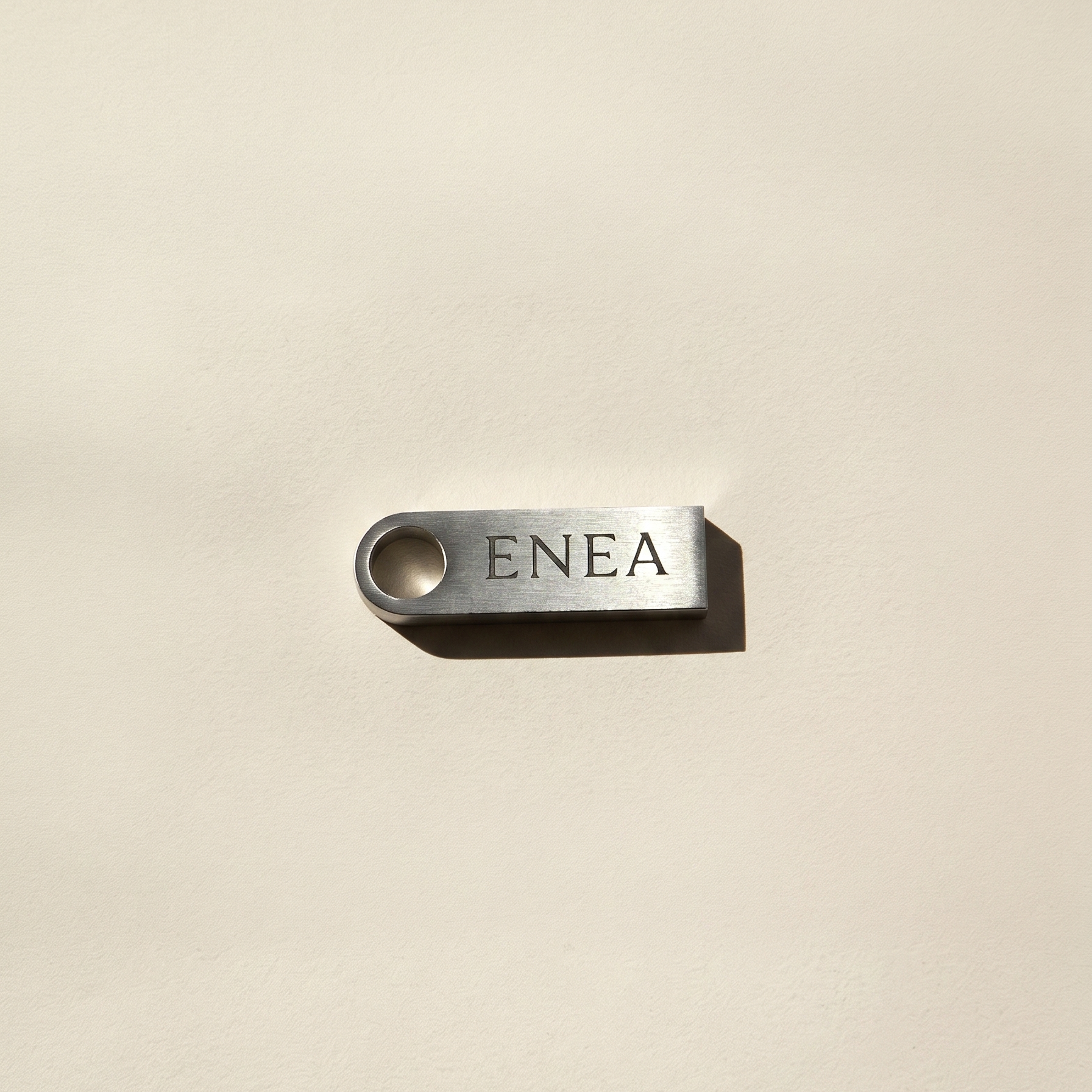 Metallic USB stick with 'ENEA' text on a beige background.