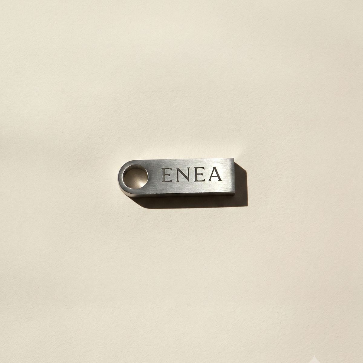 Metallic USB stick with 'ENEA' text on a beige background.