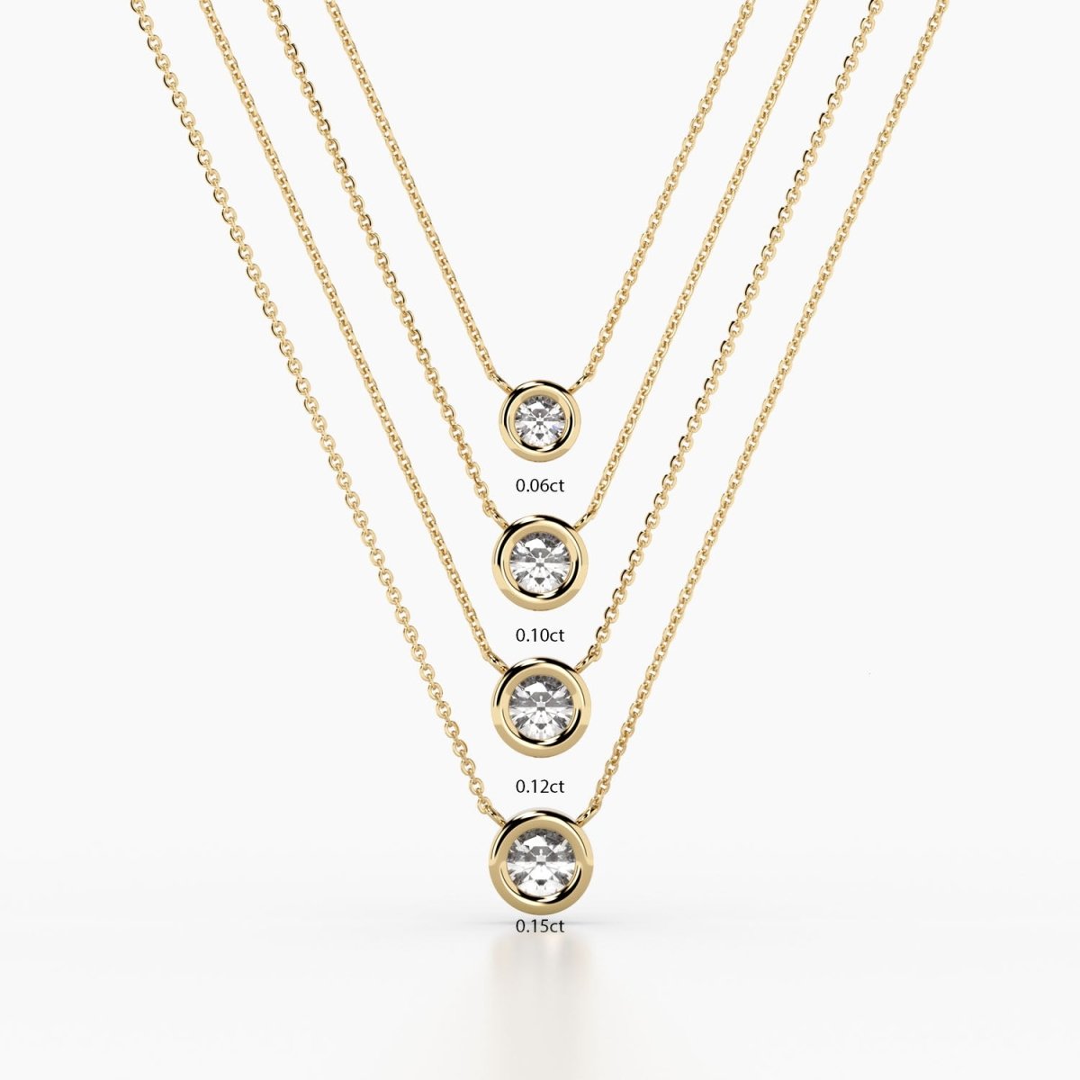 Five gold bezel-set diamond necklaces shown in a vertical arrangement, labeled by size from top to bottom: 0.06ct, 0.10ct, 0.12ct, and 0.15ct.
