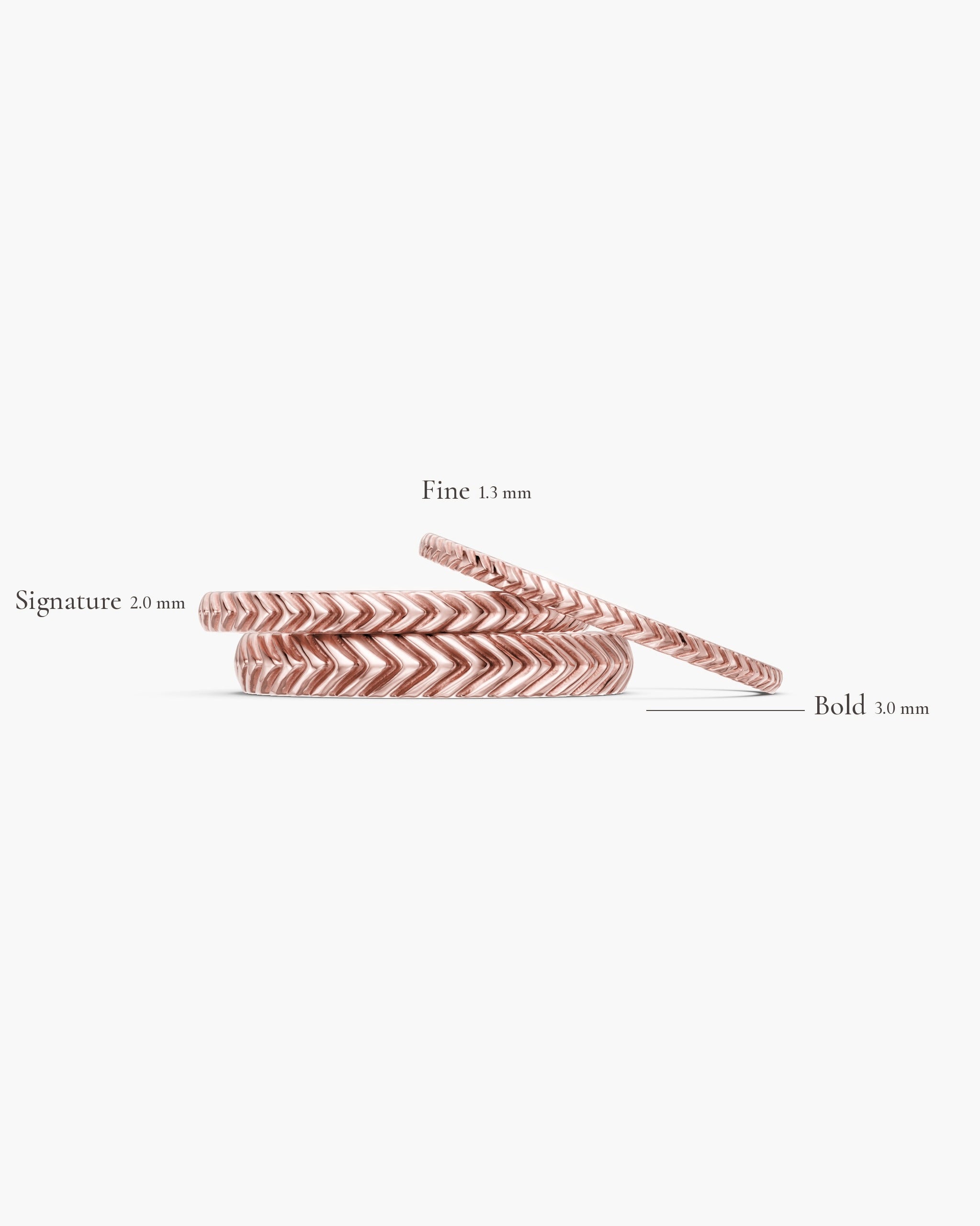 Lefkandi Chevron Ring in 14k rose gold, the three widths Fine 1.3mm, Signature 2.0mm and Bold 3.0mm side by side, ENEA Studio