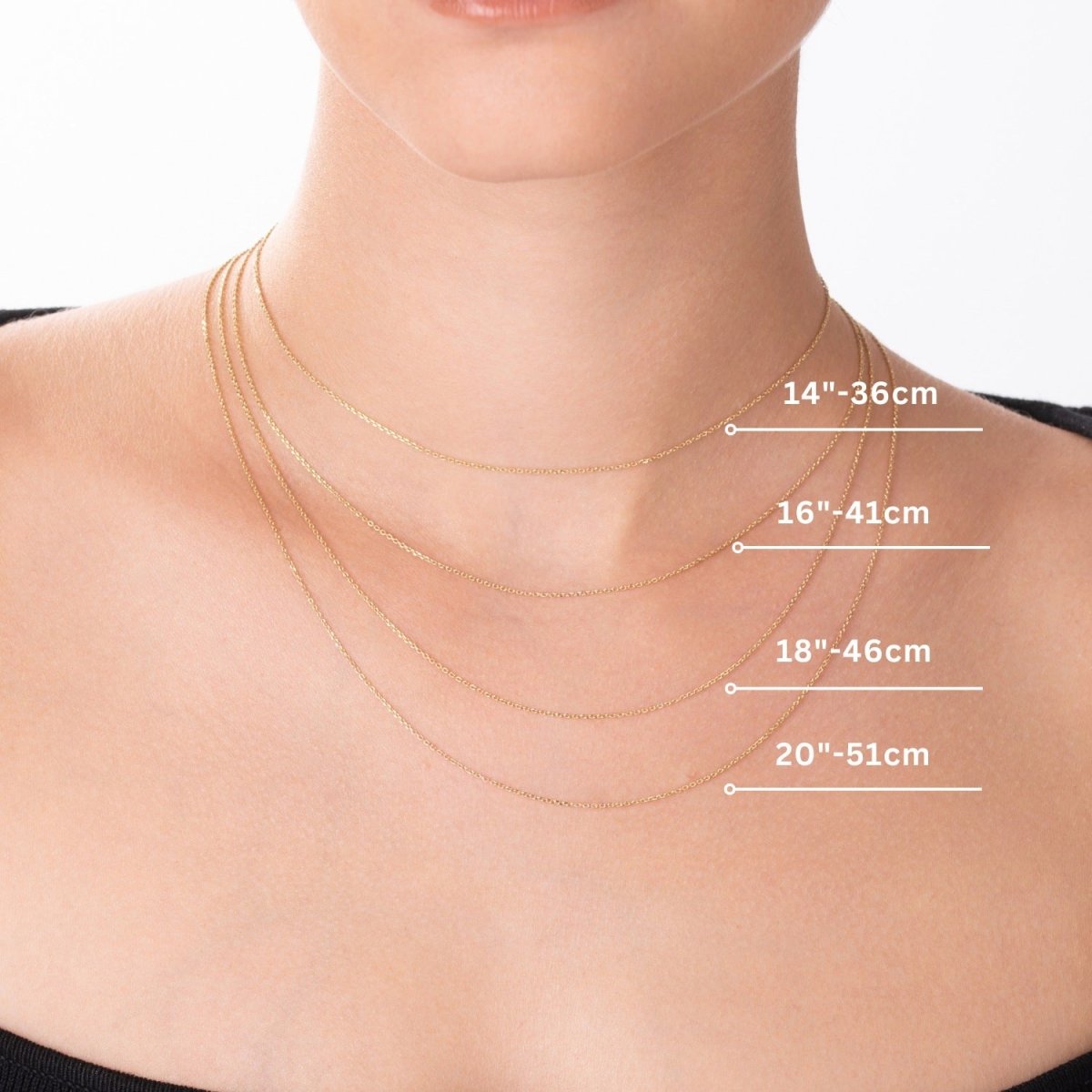 Side view of model displaying chain lengths with size markers to guide fit preference: 14", 16", 18", and 20".

