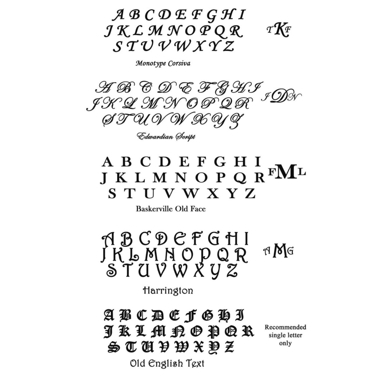 A selection of engraving font options for customizing signet rings, featuring a variety of script, serif, and modern font styles.