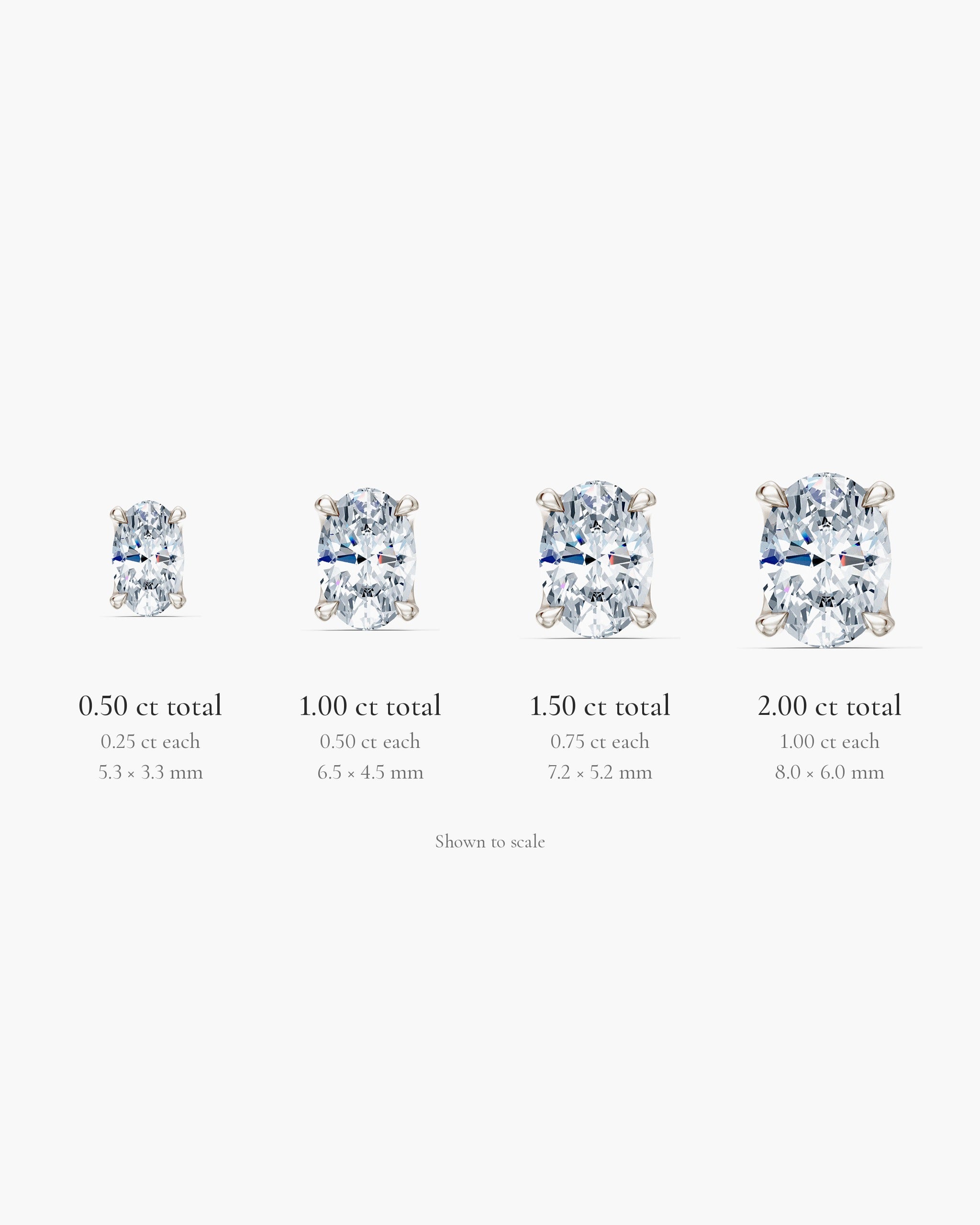 Oval diamond stud sizes shown to scale in 14k white gold: 0.50, 1.00, 1.50 and 2.00 ct total weight, ENEA Studio