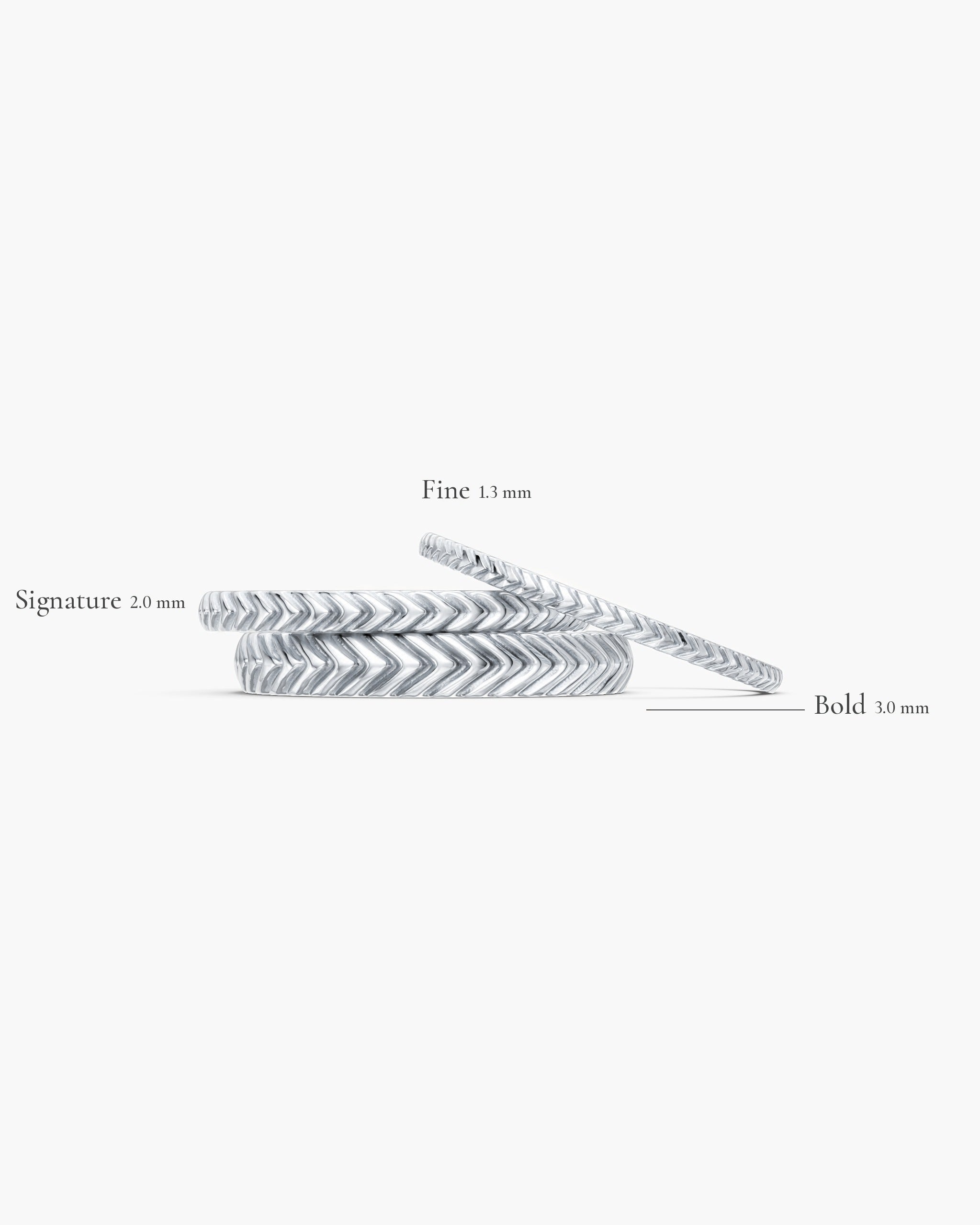 Lefkandi Chevron Ring in 14k white gold, the three widths Fine 1.3mm, Signature 2.0mm and Bold 3.0mm side by side, ENEA Studio