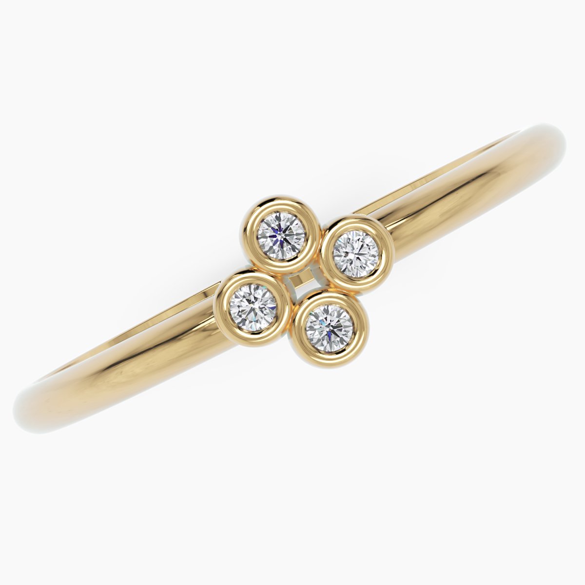 close up top down view of the clover flower diamond ring in yellow gold, highlighting the intricate craftsmanship and delicate diamond detailing
