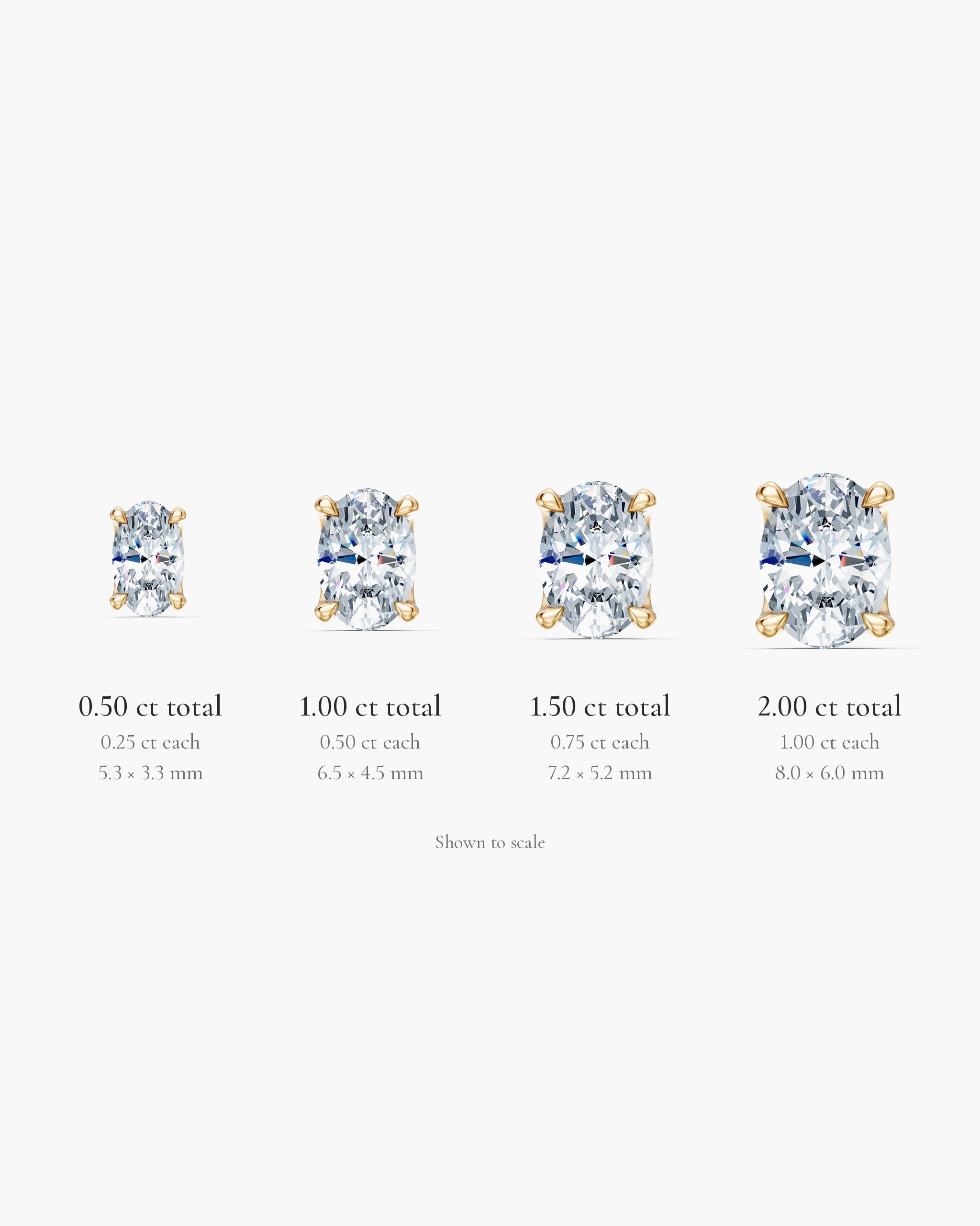 Oval diamond stud sizes shown to scale in 14k yellow gold: 0.50, 1.00, 1.50 and 2.00 ct total weight, ENEA Studio