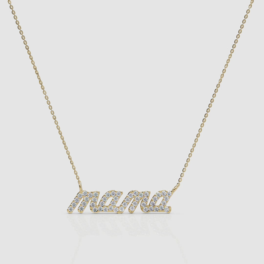 360 degree video of solid gold diamond mama necklace rotating on white background