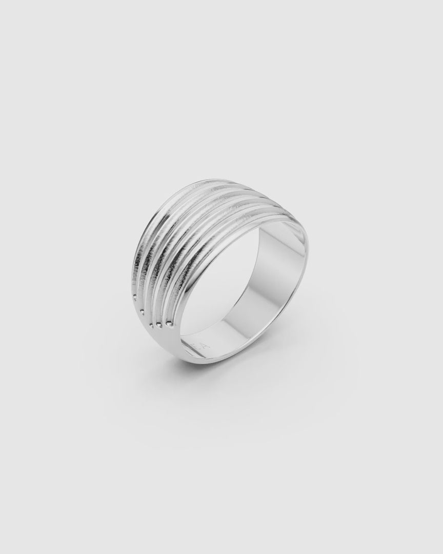 Video giving a 360 view of the Kion II Ribbed Band Ring in sterling silver on a white surface