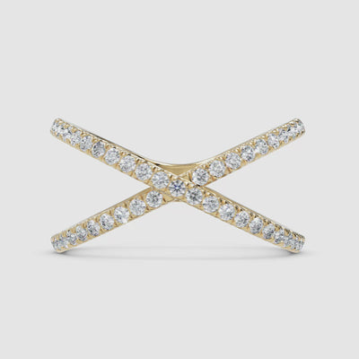 A 360-degree video of a 14k yellow gold diamond X crossover ring, smoothly rotating to highlight its intersecting pavé diamond bands and contemporary design.