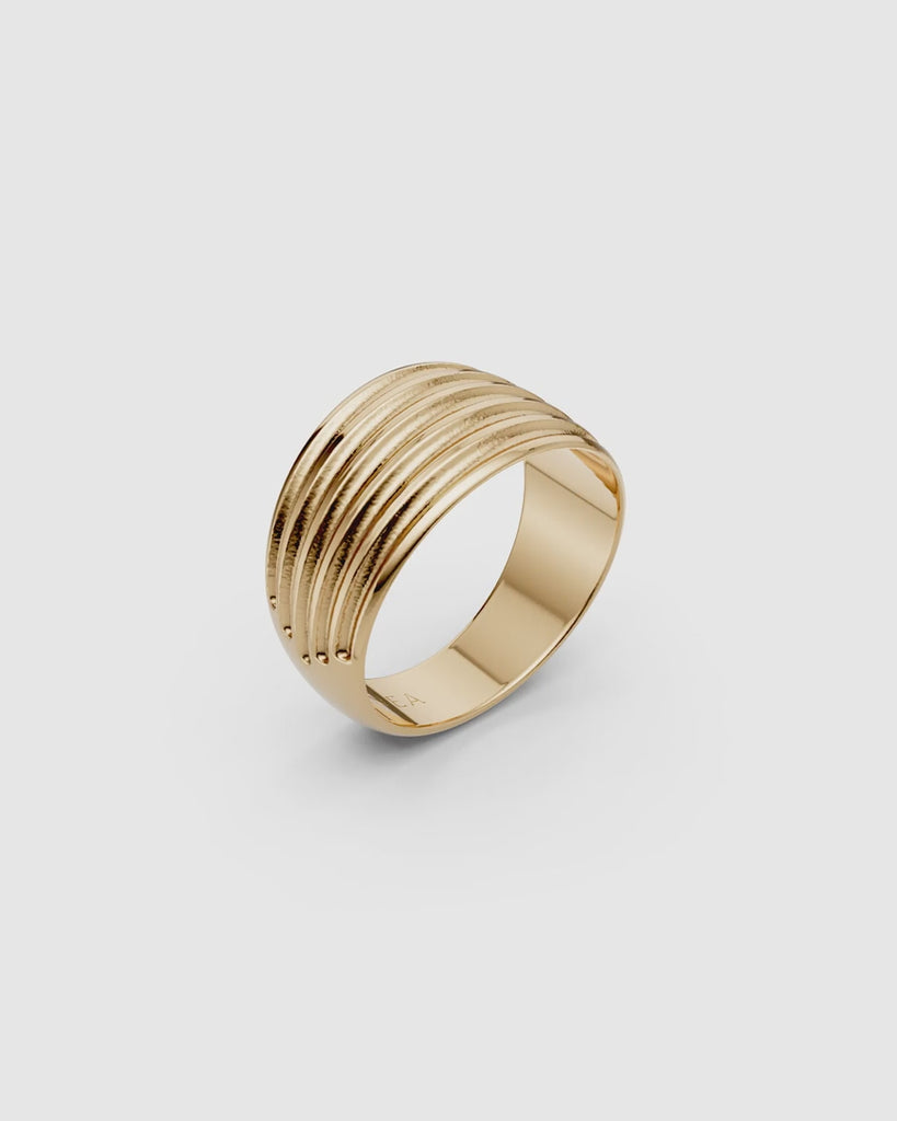 Video giving a 360 view of the Kion II Ribbed Band Ring in yellow gold on a white surface